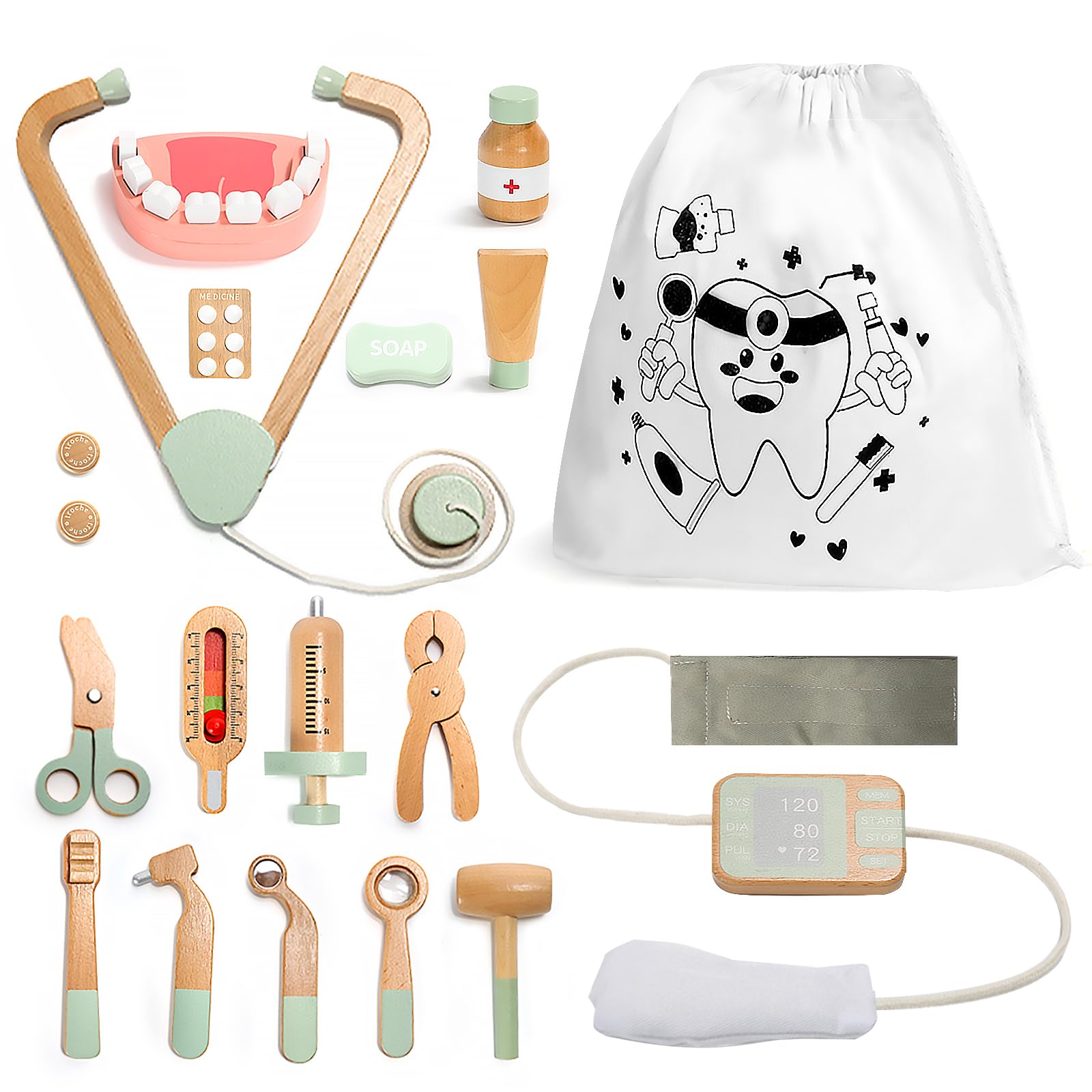 19Pcs Doctor Kit for Toddlers 3-5, Pretend Play Dentist Set of Teeth and Dental Accessories, Role Play Medical Kit with Stethoscope, Fake Teeth, Doctor Play Gift for Kids Ages 3+ Years