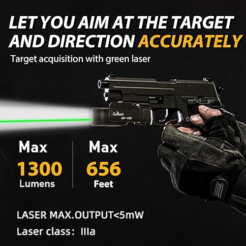 Miniatura 2 de Luz láser de arma de 1300 lúmenes, linterna táctica de pistola de aluminio de grado aeronáutico, luz LED ajustable montada en riel y combo láser