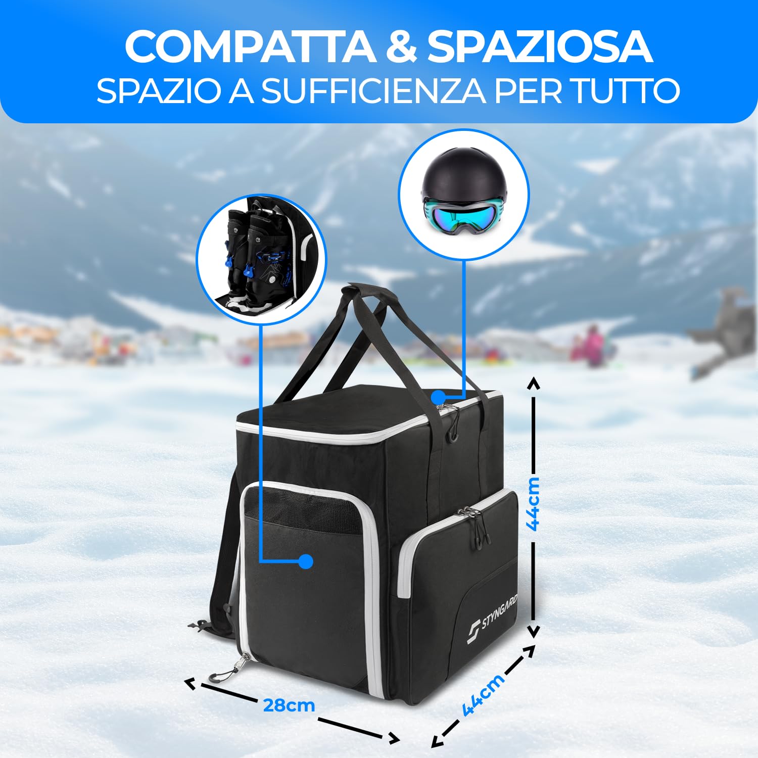 STYNGARD Borsa porta scarponi con scomparto per casco e scarponi [54 L] - Borsa per scarponi da sci con funzione zaino da sci modello Sölden