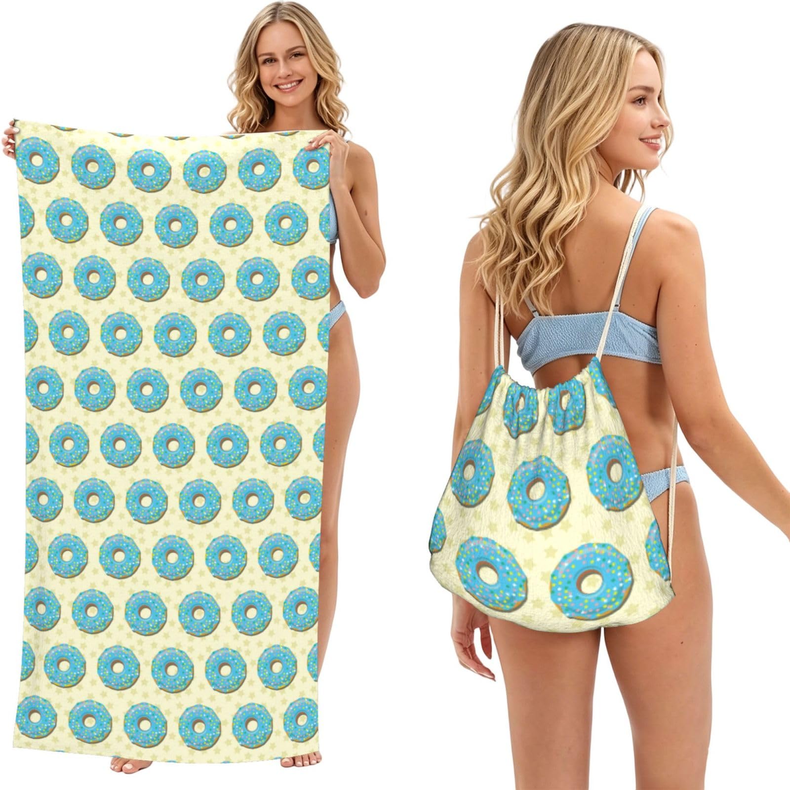 Noble Ren Cartoon Blue Doughnut 2 In 1 Packable Towel Bag Beach Backpack Unisex Suitable For Travel Picnic Vacation And Camping