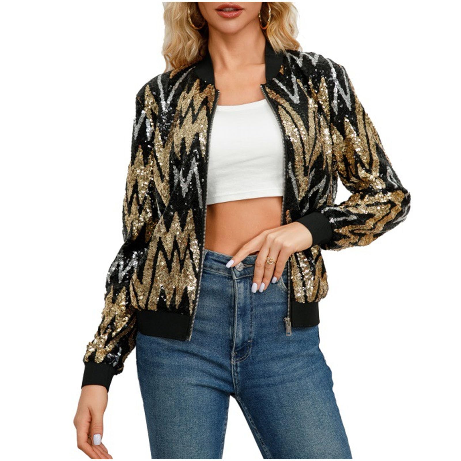 Sequin Blazer Jackets for Women Sparkly Glitter Front Zip Party Bomber Jacket Shiny Tops Slitter Fashion Outfit
