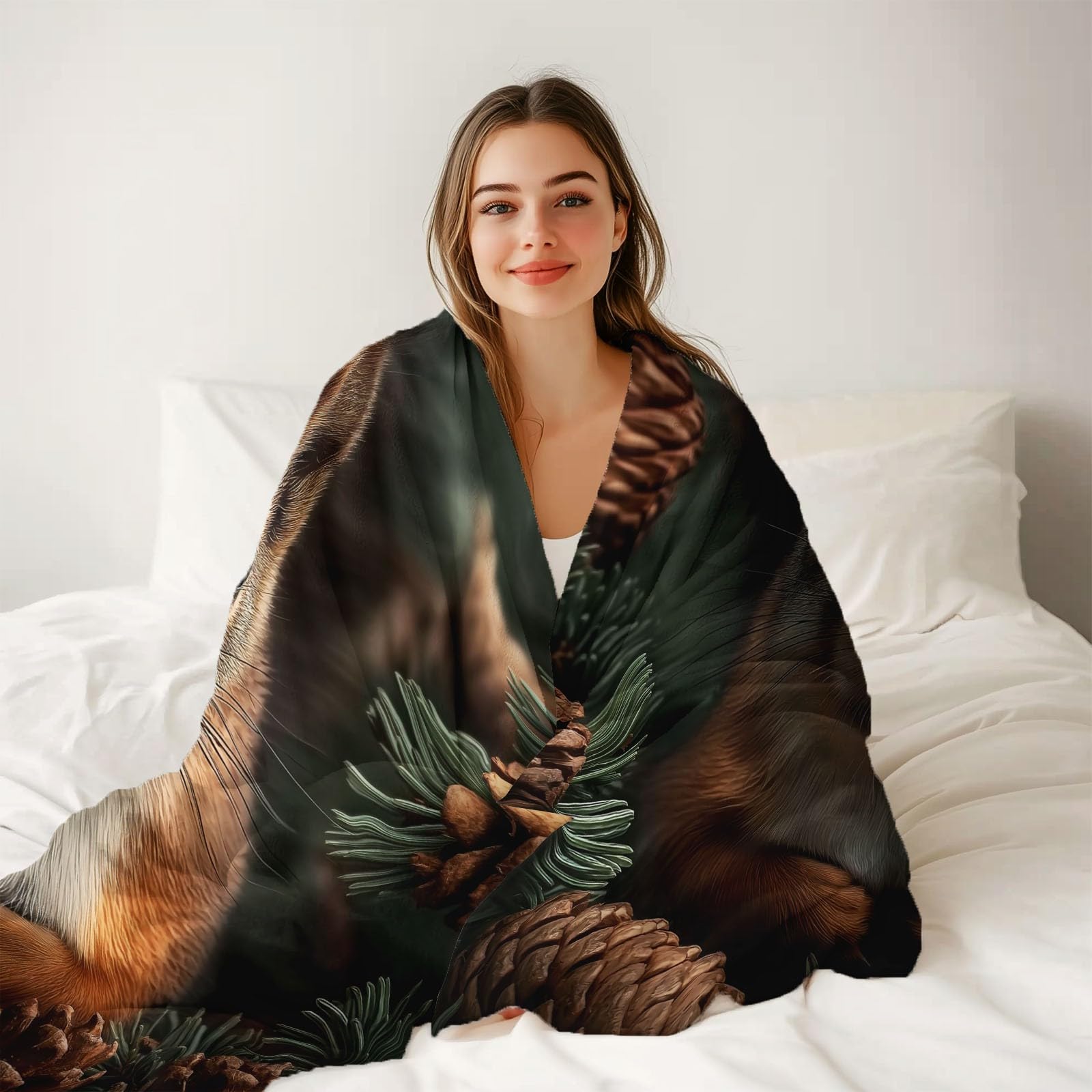 Miękki i przytulny flanelowy koc polarowy 150 x 200 cm - ciepły nadruk zwierząt wiewiórki szyszki iglaste, dekoracyjne narzuty na sofę i łóżko