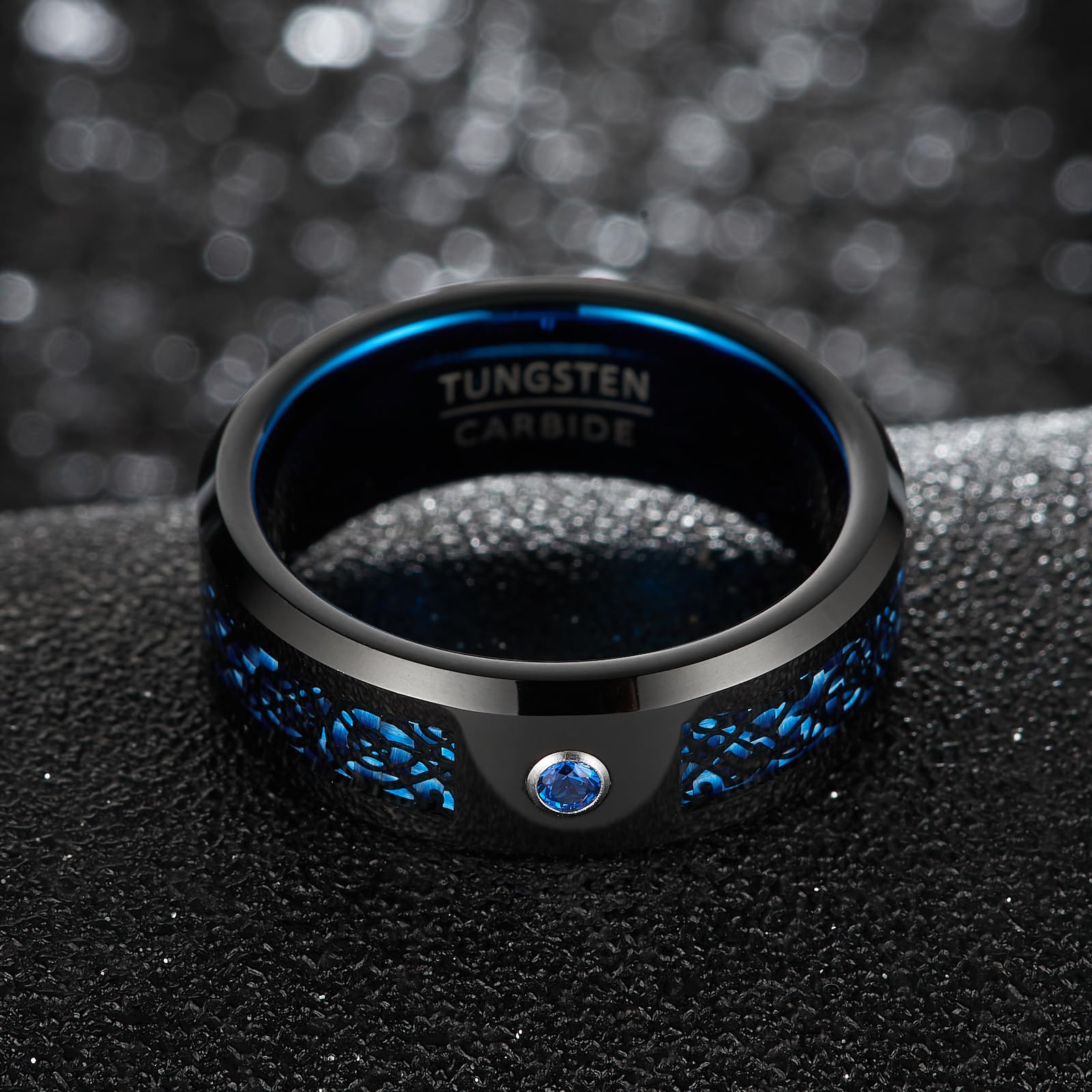 Fascia Guardian Line - Anello Nuziale in Tungsteno Nero Larghezza 8mm con Zirconia Blu (Misura USA)