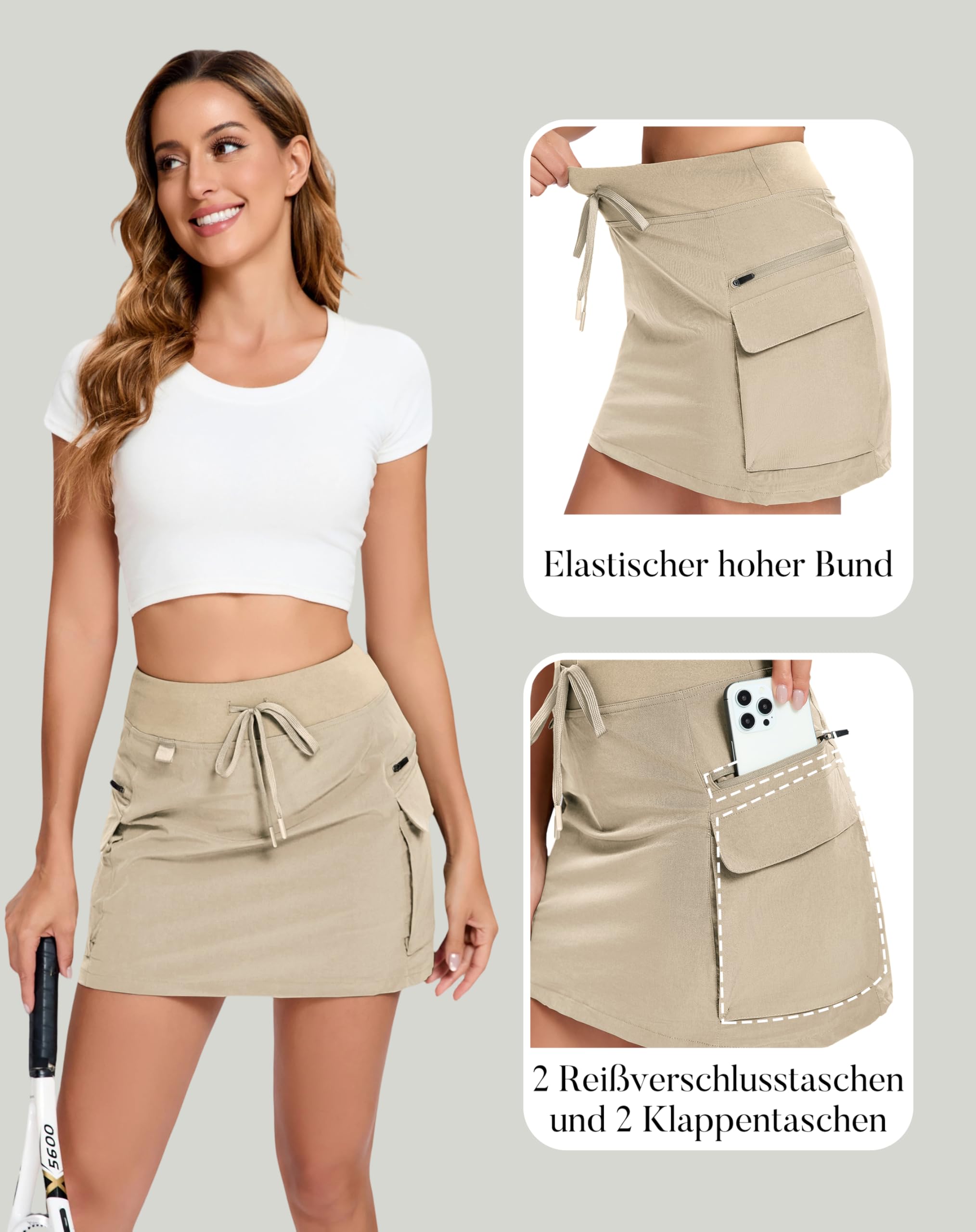 Timuspo Damen Cargo Rock mit Hose Drunter Schnelltrocknend Tennis Skort Elastischer Bund Sportrock mit 4 Taschen Wandern Urlaub Radfahren
