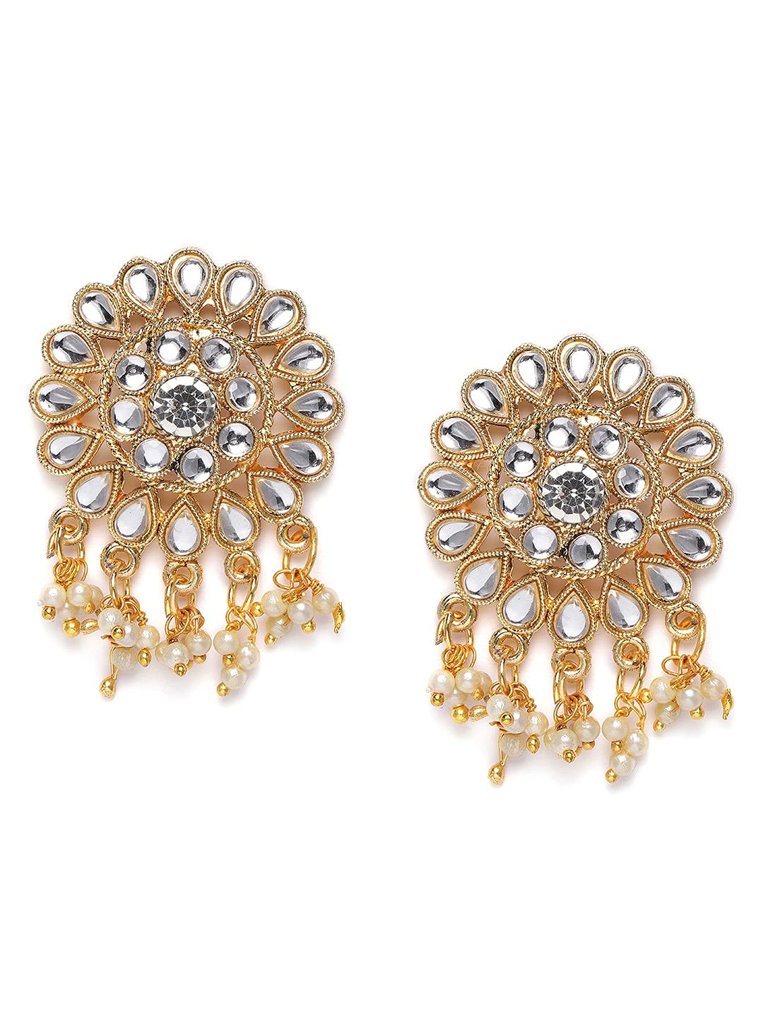 Kord Store Round Shape Light Weight Gold Plated White Kundan Top Stud For Women, Golden, Yellow