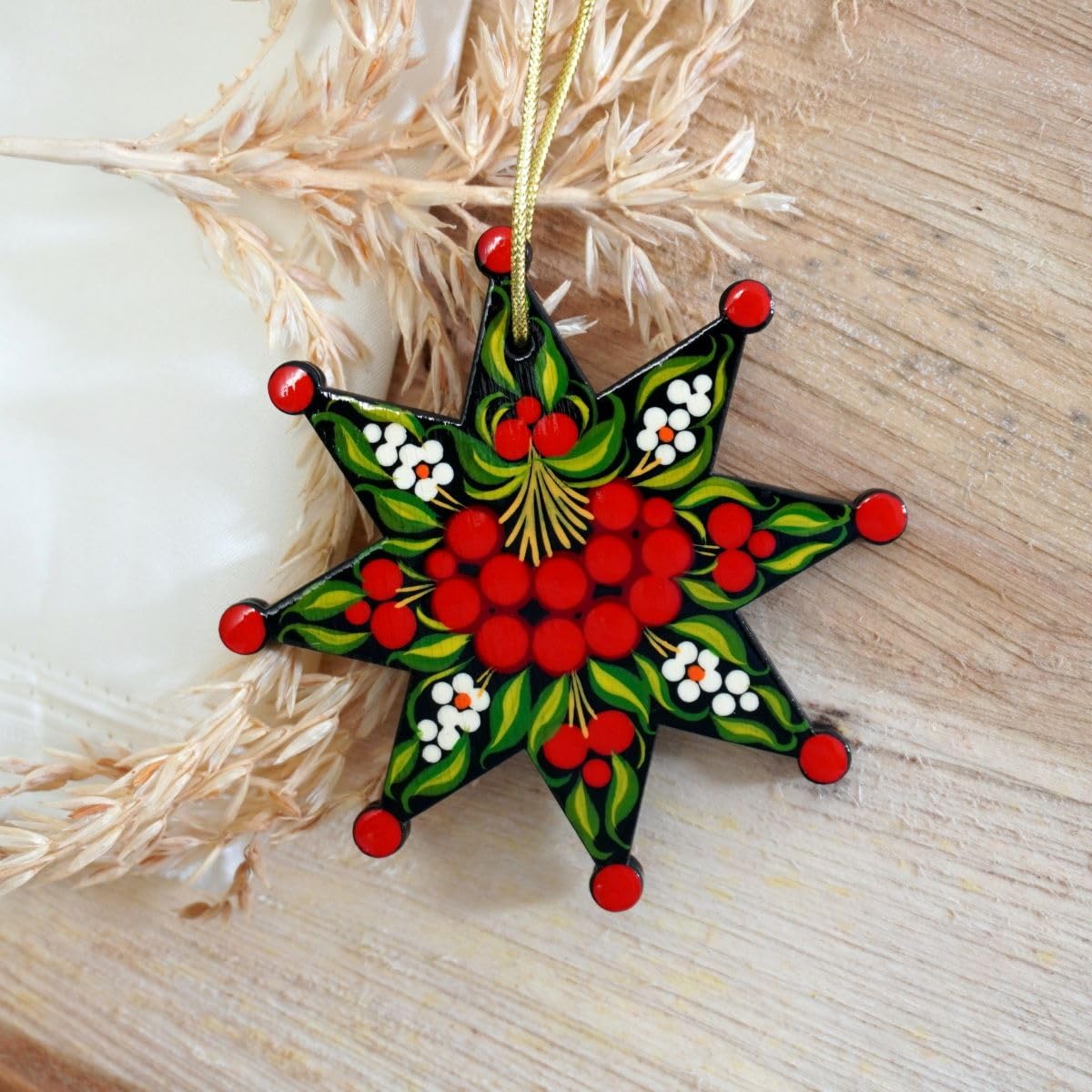 Exklusiver Baumschmuck Holz 3 St. Handgemachter Weihnachtsschmuck Pferd, Stern, Tannenbaum Handbemalt nach Ukrainischer Tradition - Vintage Folk Art Weihnachtsschmuck - Kunsthandwerk für Weihnachten