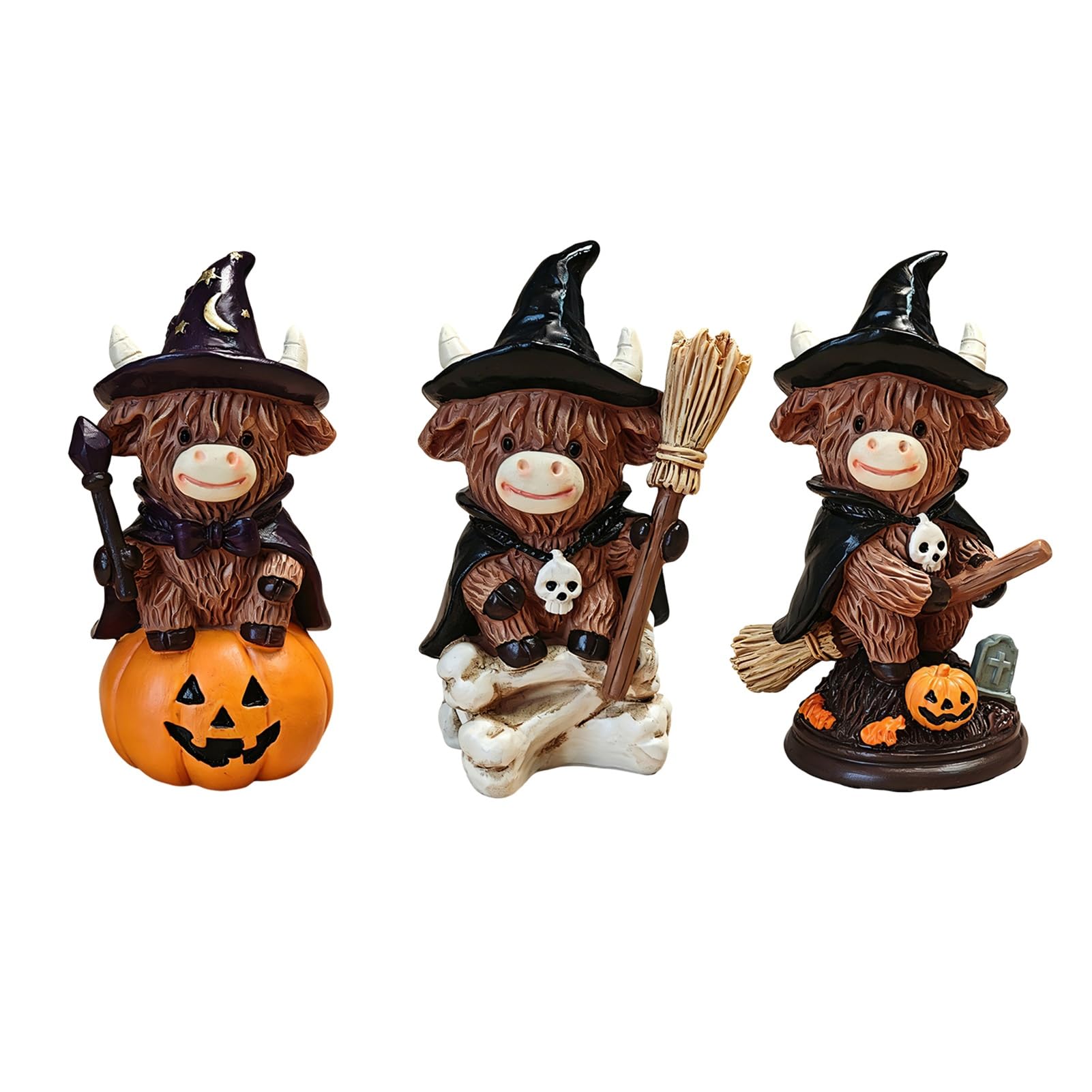 pidodou Highland Cow Figurine Halloween Witch Pumpkin Skull Resin Scottish Ornament for Calf Lovers Shelf Tiered Tray Mantel Tabletop Decor 3pcs