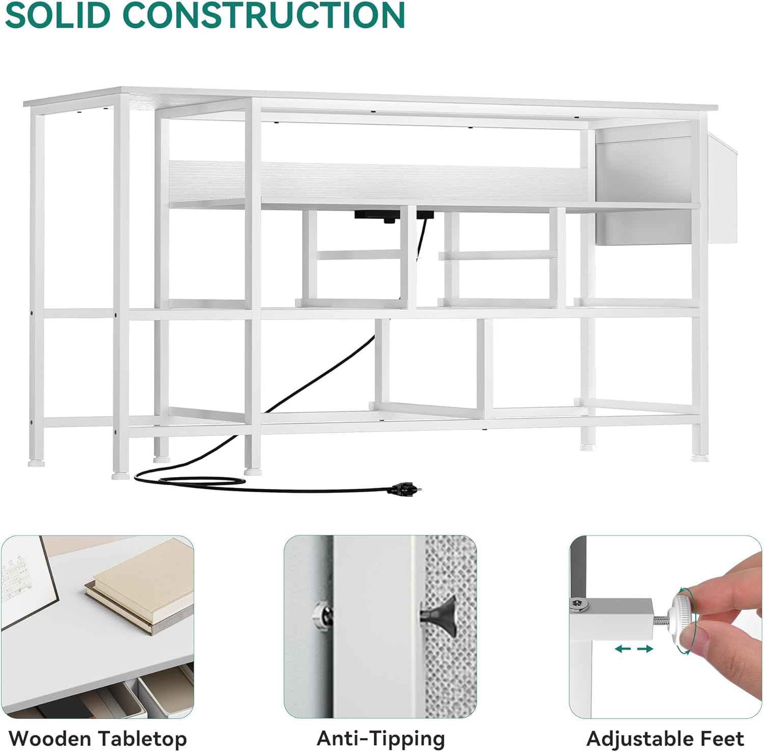 Diagram showing the solid construction, anti-tipping mechanism, and adjustable feet of the YITAHOME Dresser TV Stand