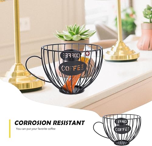 Miniatura 8 de Cesta de fruta en forma de taza de café, cesta de servicio de bocadillos de alambre de metal negro, soporte para cápsulas de café para encimera de