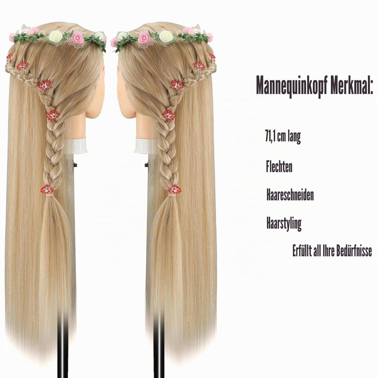 Trainingsköpfe, 28 inch Übungskopf Frisierkopf Friseur 100% Synthetikfaser-Haar Styling Kopf Frisierkopf für Frisöre mit kostenloser Klemme und DIY Flechtset (Hellbraun)