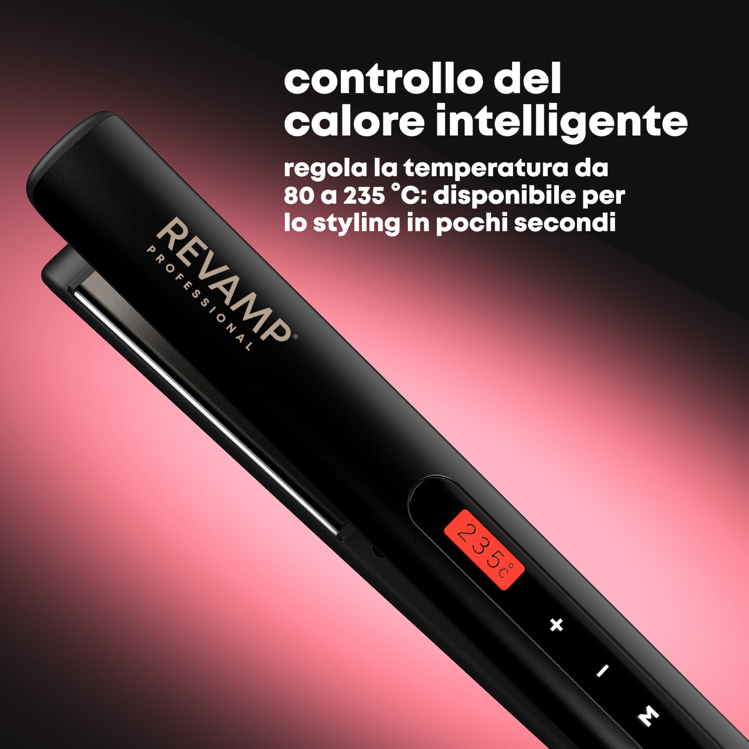 REVAMP Progloss Touch Digital, Piastra per Capelli Professionale in Ceramica con Tecnologia Ionica, Capelli Lisci in Pochi Istanti, Infusa con Oli Liscianti Anticrespo, Temperatura 80°C-235°C, Nero