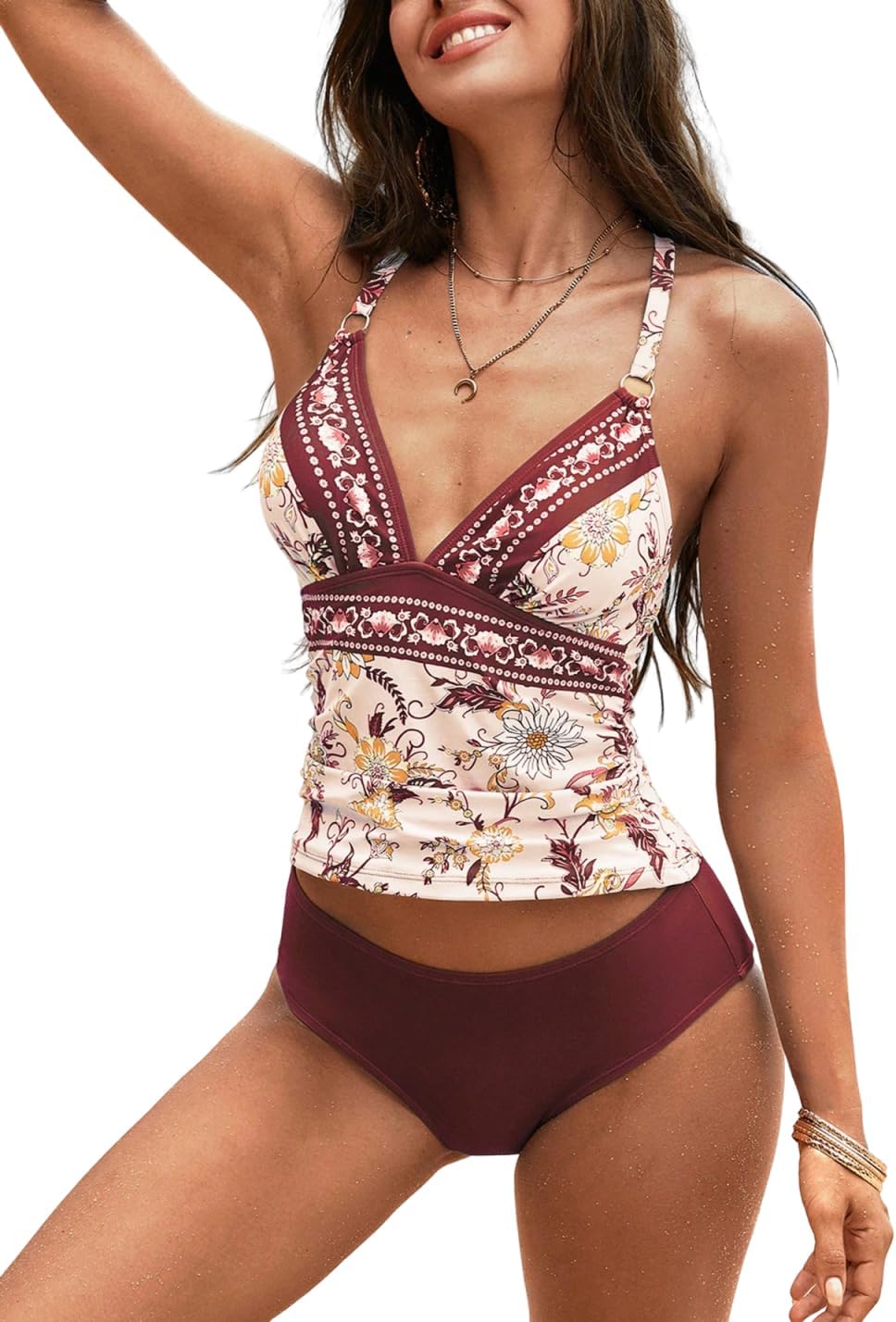 ZAFUL Tankini Sets for Women Tummy Control Ruched Push Up V Neck Tops Mid Waist Bottom Two Piece Swimwear Suits