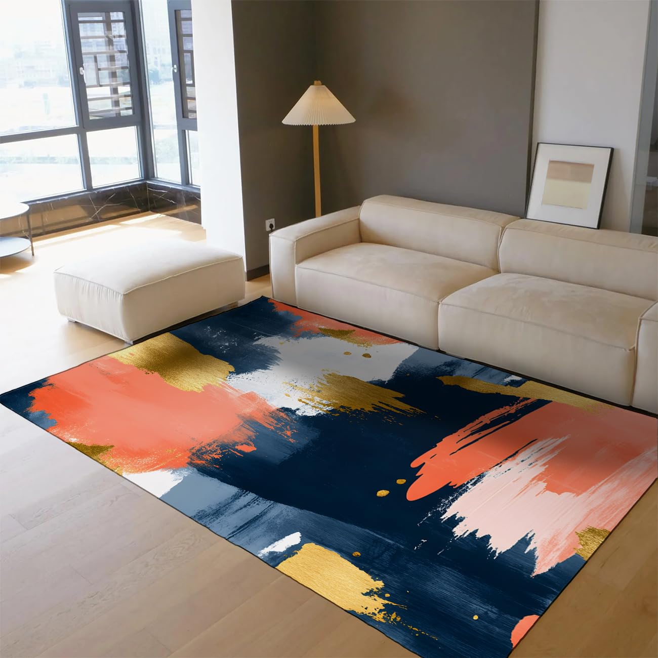 Tapis de surface abstrait or et bleu marine 150x240cm, motif coups de pinceau