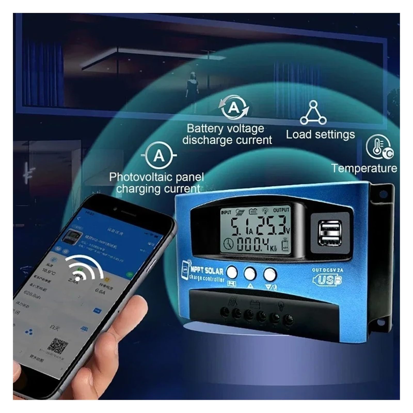 Kontroler ładowania słonecznego, MPPT Regulator Ładowania Słonecznego 30A-100A Bluetooth I WIFI Podwójny Wyświetlacz LCD USB 12V 24V Panel Ogniw Słonecznych Ładowarki Z Obciążeniem(12V24V BT,30A)