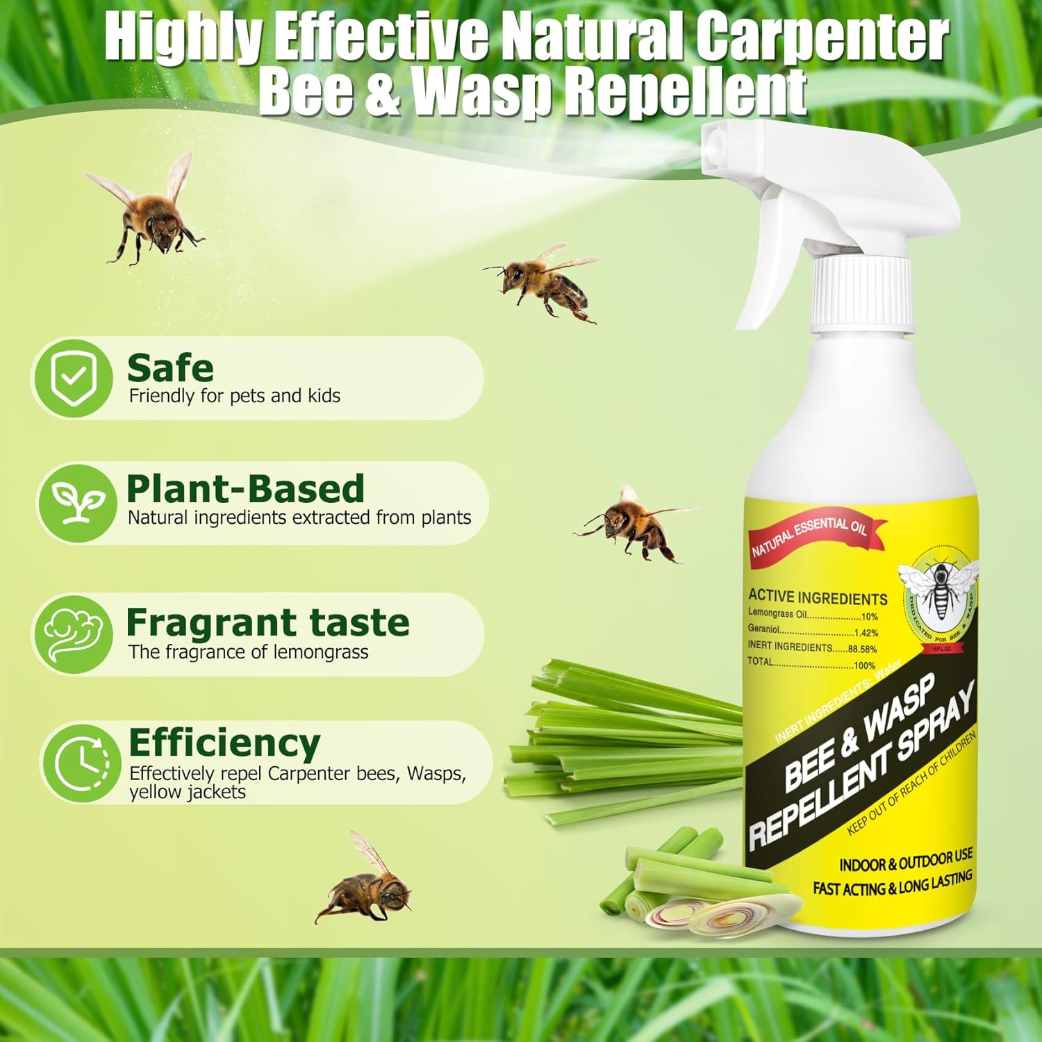 20 oz Wasp & Bee Repellent Outdoor Spray with Natural Essential Oils, Hornet & Yellow Jacket Killer Spray for Patio, Garden and Outdoor Areas