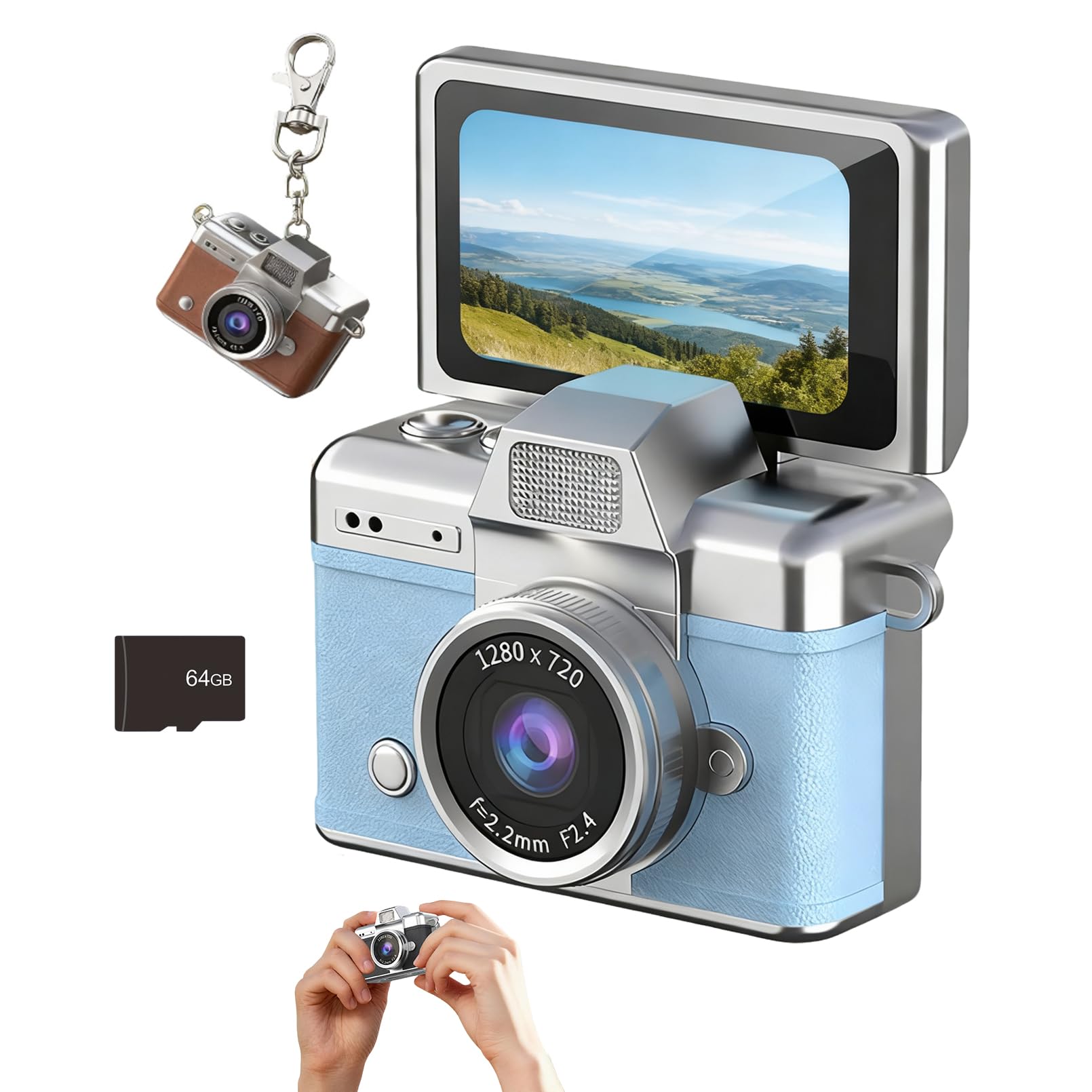 Mini Digital Camera Keychain with 1.47 in LCD Screen 1080P, 2026 New Mini Retro Camera, Retro Ccd Digital Camera with Lanyard, Built-in Flash, Include 64gb Tf Card for Travel Party (Blue)-image-22