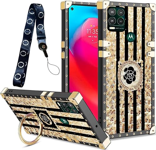 B-wishy Funda para Motorola Moto G Stylus 5G con soporte de anillo de soporte, remache cuadrado para niñas y mujeres, protector de cristal