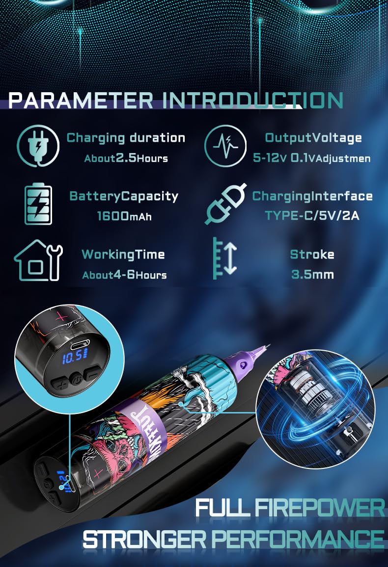 Kit penna portatile per tatuaggi wireless - Macchina rotativa per tatuaggi con display LED, alimentatore 1600mAh, tensione regolabile 5-12V, tipo C,12