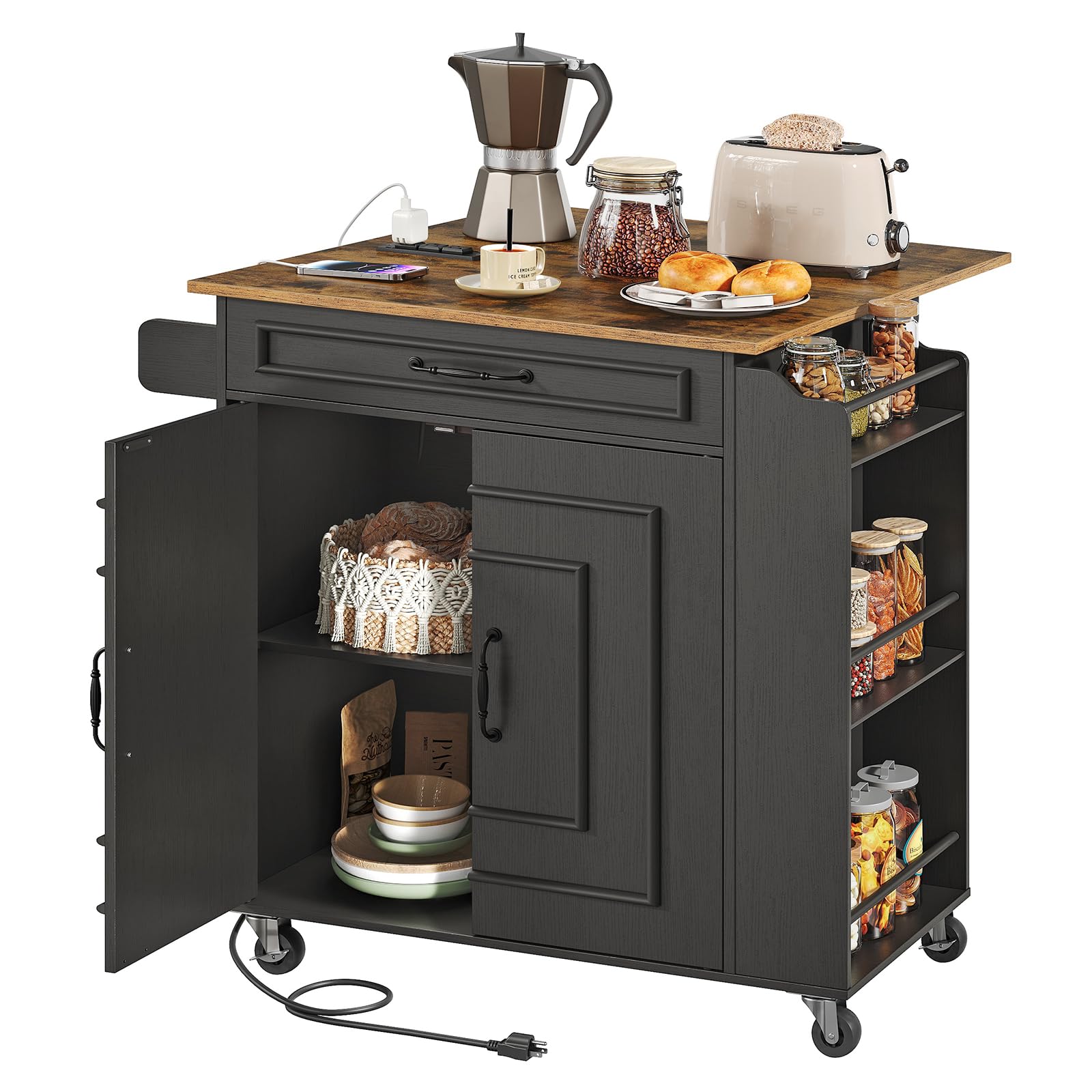 RALGEND Kitchen Island in Black and Rustic Brown