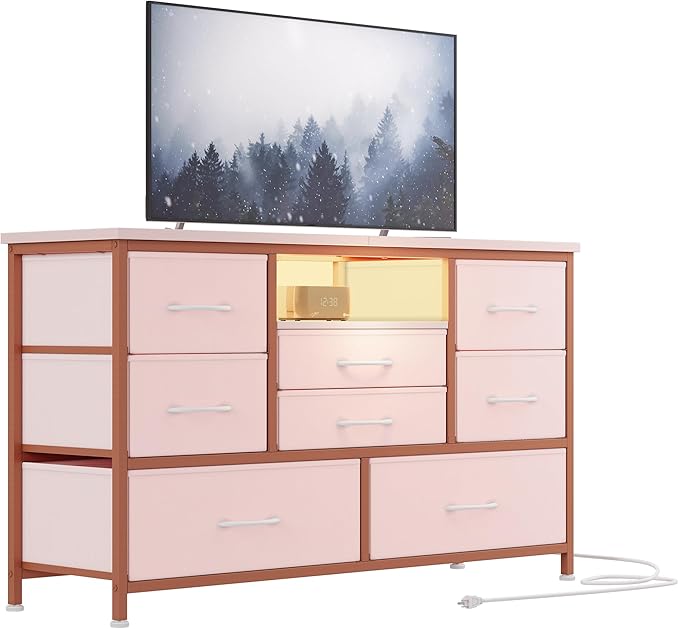 Jojoka 8-Drawer LED Dresser TV Stand with Power Outlet for 55'' TV - Wide Storage Chest for Bedroom, Living Room & Entryway, Wood Top Console Table with 22 Light Modes