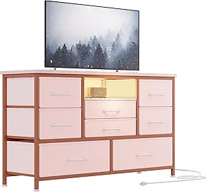Jojoka 8-Drawer LED Dresser TV Stand with Power Outlet for 55'' TV - Wide Storage Chest for Bedroom, Living Room & Entryway, Wood Top Console Table with 22 Light Modes