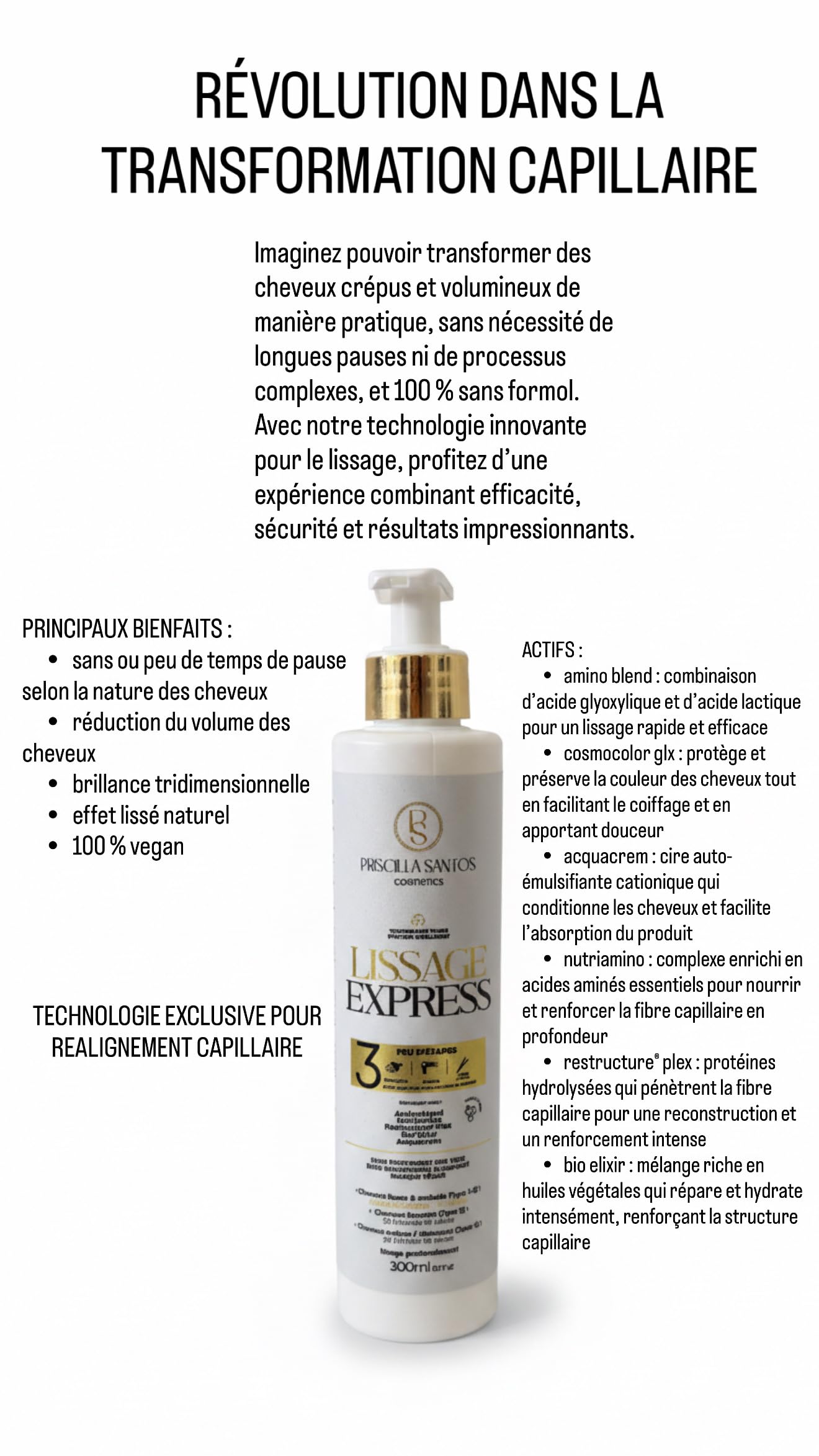 Lissage Express - Tenue jusqu’à 1 an - Lissage Brésilien Professionnel Sans Rinçage – Cheveux Lisses Rapidement en peu d'étapes – Sans Formol - Formule enrichie en actifs hautement nutritifs - 300ml