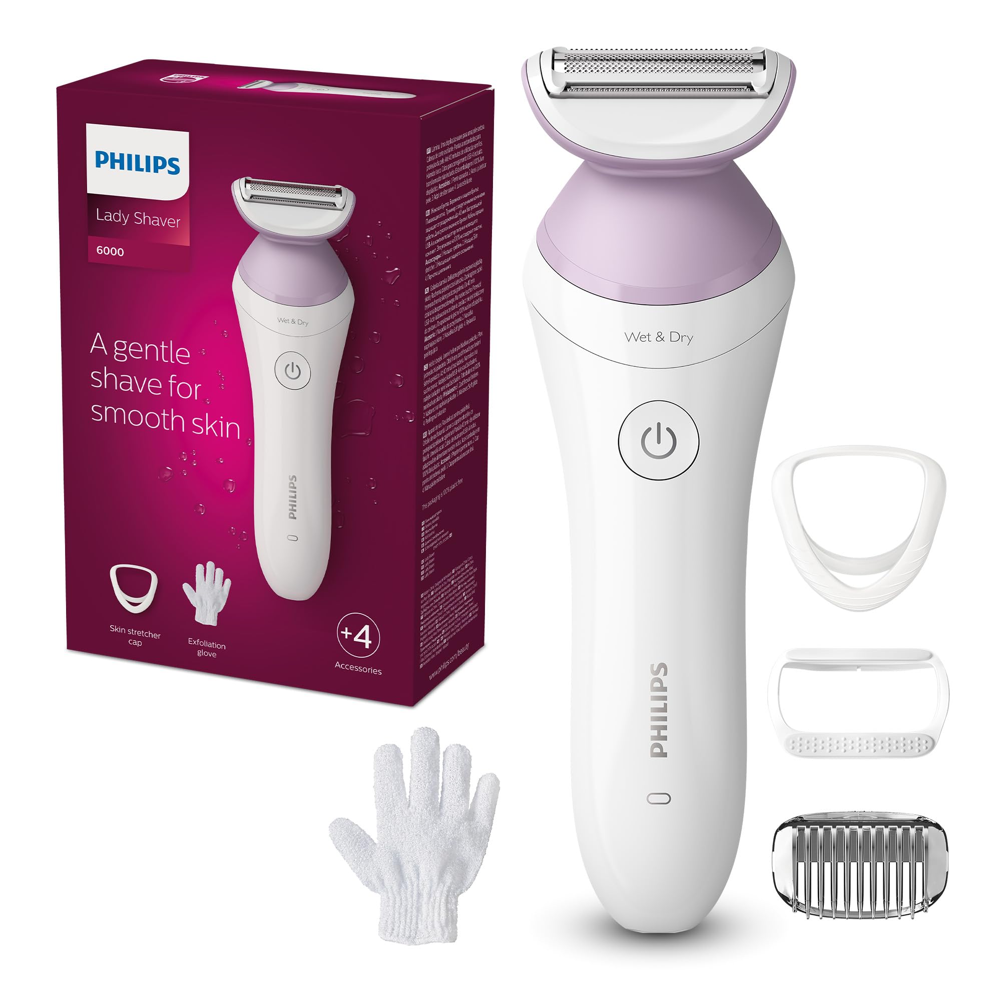 Philips Afeitadora de Mujer Serie 6000, 4 accesorios, Incluye Guante Exfoliante, Peine Guia y Cepillo de Limpieza, BRP136/00, Blanco GreenCircle Certified: Certified Environmental Facts Label