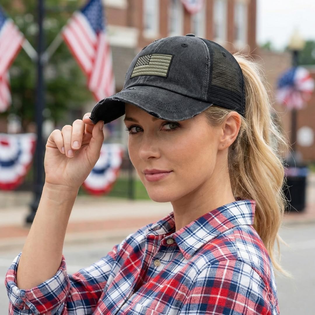 Speedy Pros Ponytail Cap Women's Baseball Cap Embroidered American Flag Blackwhite Embroidery Cotton