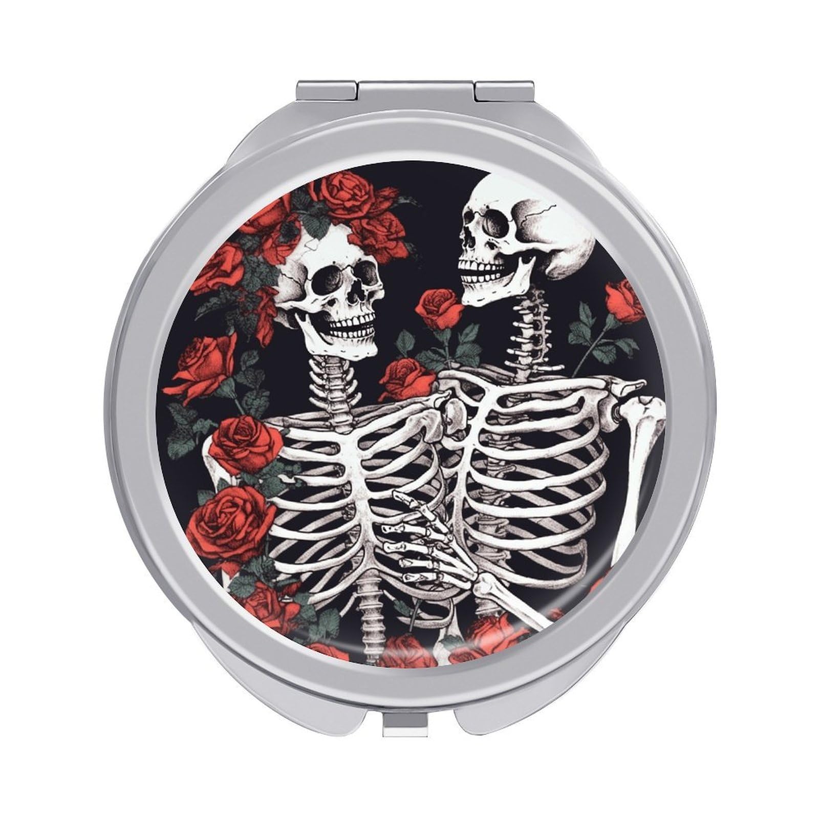 VstaDank Rose and Skeleton Travel Makeup Mirror Cute Compact Mirror for Women 1X/2X Magnifying Metal Pocket Makeup Mirrors Folding Round Makeup Mirrors for Handbag Wallet & Gift