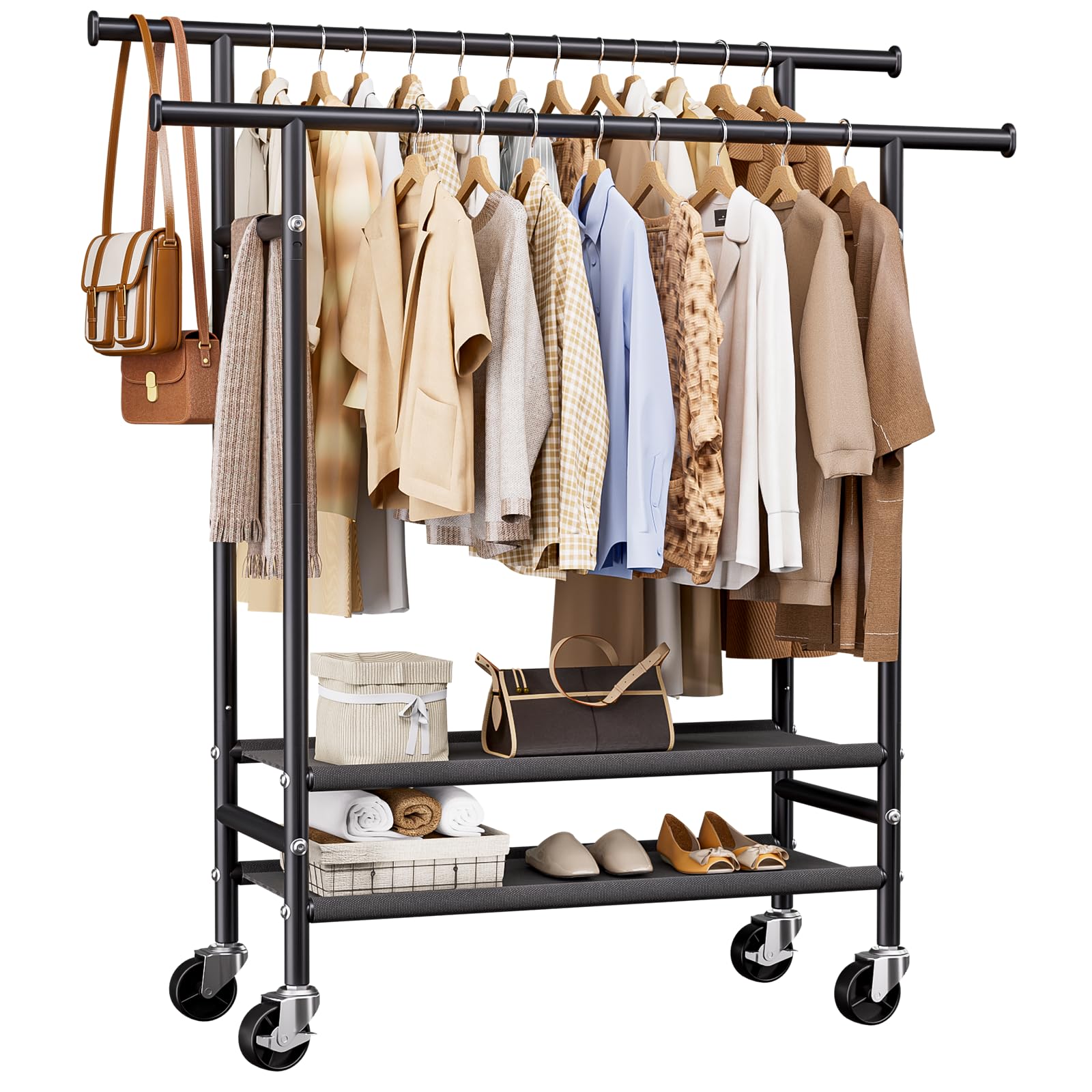 Double Rods Clothes Racks Rolling Clothing Rack for Hanging Clothes with Wheels Shelves Portable Garment Coat Wardrobe Rack