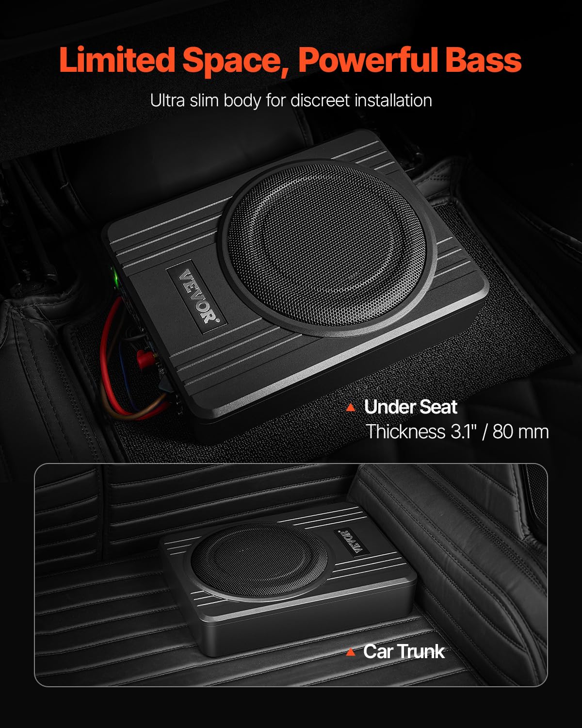 VEVOR Subwoofer auto subwoofer 300 W 254 mm sottile subwoofer auto con alimentazione, sottosistema con amplificatore integrato, ingresso alto/basso e controllo del volume per camion SUV