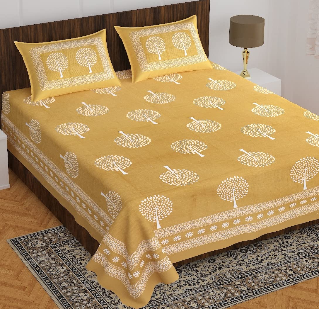 BedZone Jaipuri Print 100% Cotton Rajasthani Tradition King Size Double Bedsheet with 2 Pillow Cover (Light Yellow)