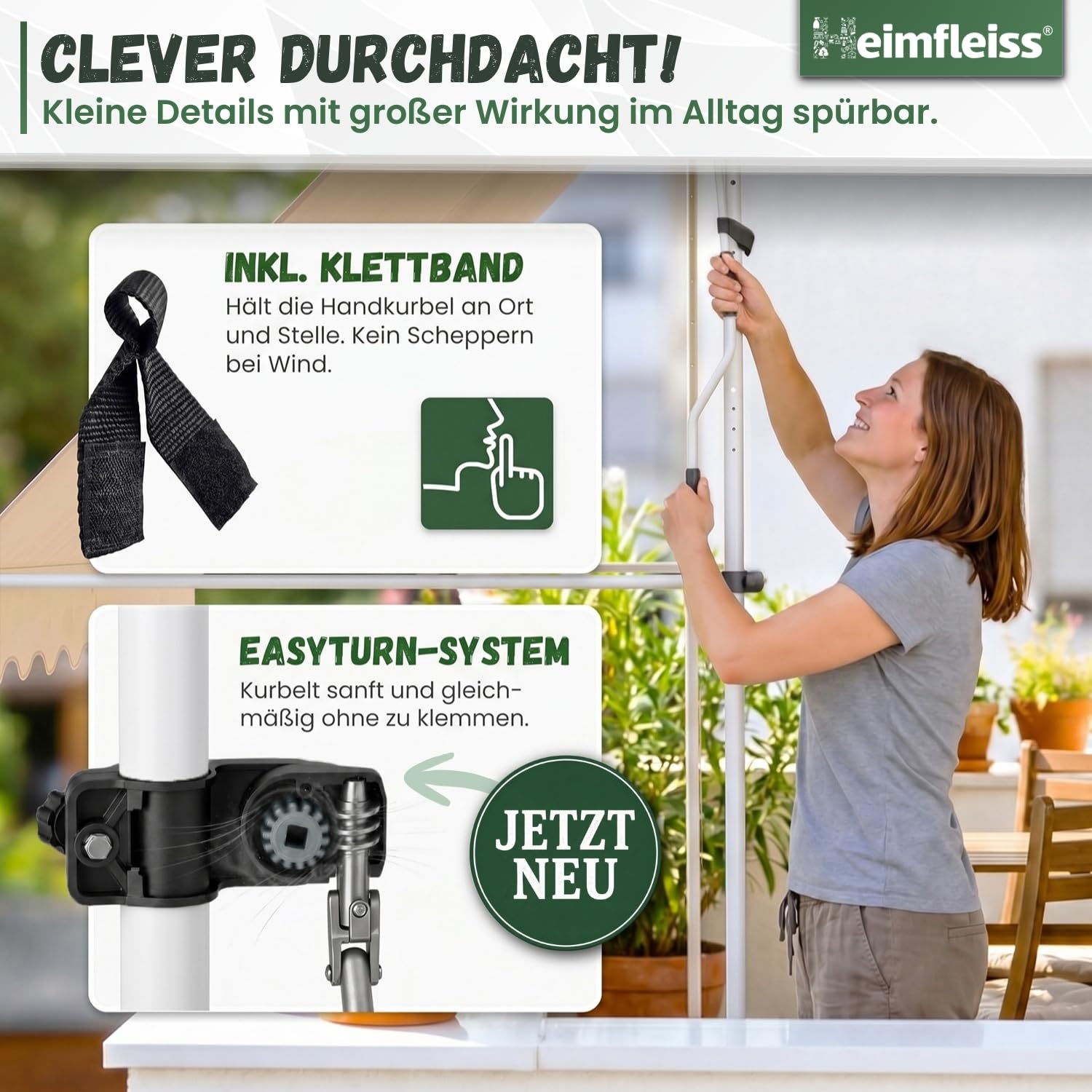 Heimfleiss® Klemmmarkise 350 cm breit mit Handkurbel | Markise Balkon ohne Bohren | Balkon Sonnenschutz, UV-beständig (UV 50+), höhenverstellbar & wasserabweisend | 3,5m Balkonmarkise zum Klemmen