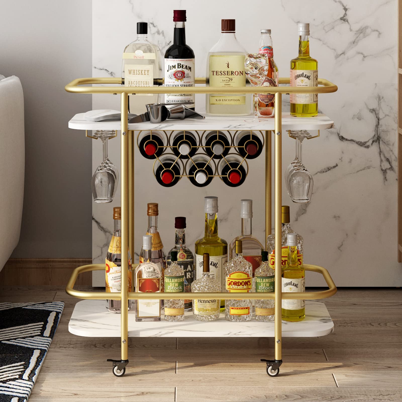 BENOSS Golden Bar Cart on Wheels, 33'' H Rolling Serving Bar Carts, Modern Marble Pattern Wine Cart with Glass Holder Wine Rack, Coffee Tea Drink Trolley, Beverage Bar Cart for The Home Kitchen Party