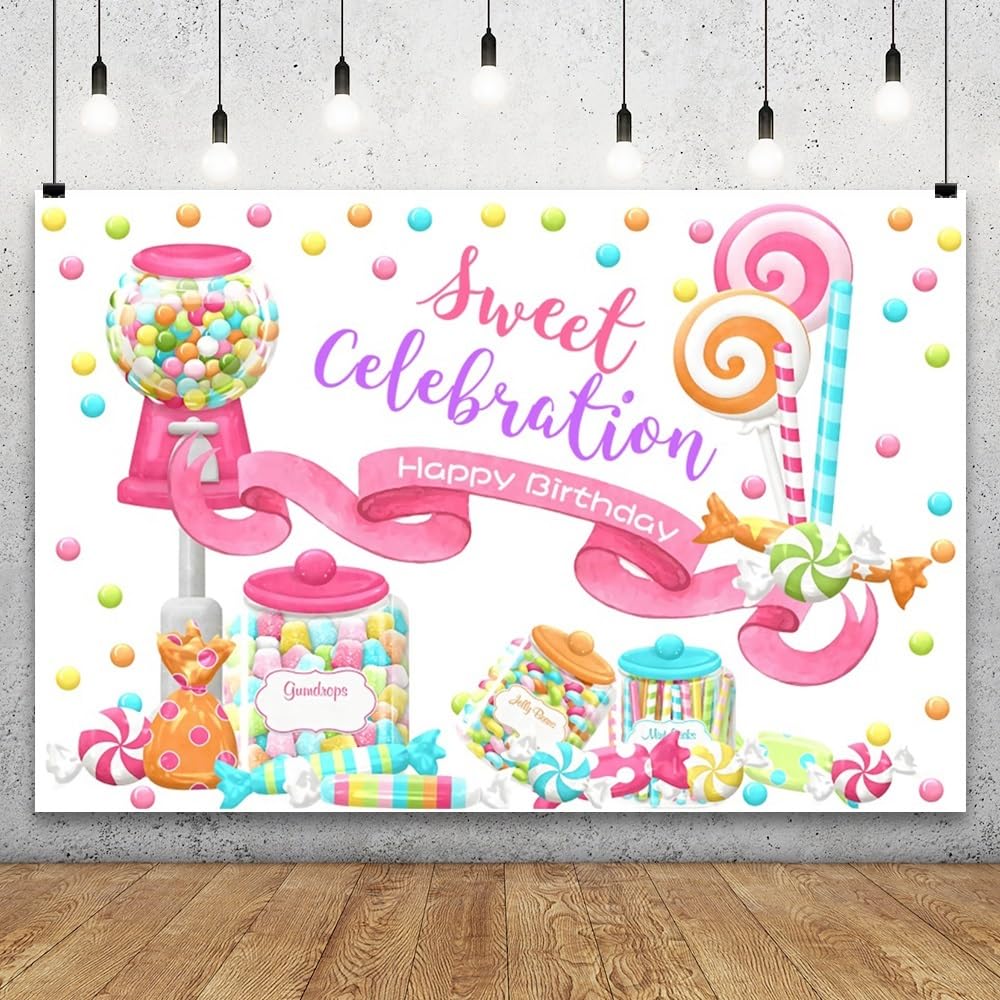 3,5x2,5m Feliz Cumpleaños Telón de Fondo Colorido Dulce de Caramelo Cumpleaños Fotografía de Fondo Tarro de Caramelo Piruleta Dulce Celebración Cumpleaños Telón de Fondo Decoración