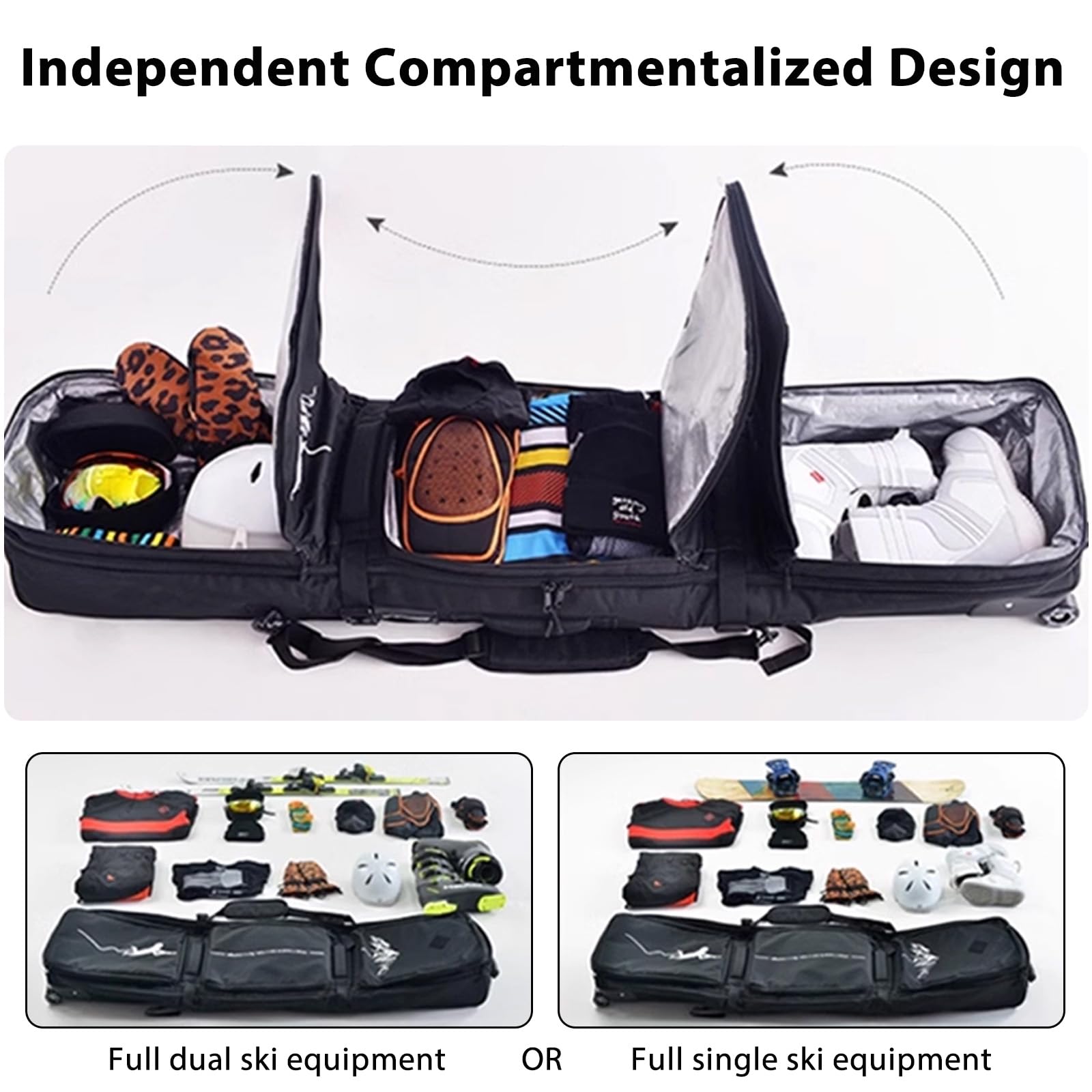 Sac À Skis À roulettes pour Les Voyages en Avion, Sac De Snowboard Rembourré Et Imperméable, Convient pour Skis Et Chaussures, Peut Contenir 2 Paires De Skis