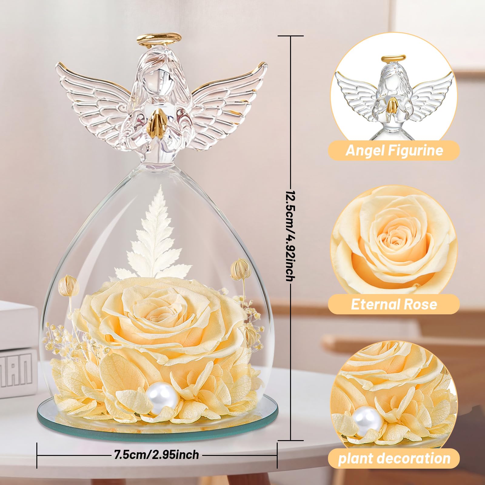 Ewige Rosen-Engel Figur mit Glasglocke, Geschenk Valentinstag für Frauen, Mama, Freundin, Echte haltbare Rose Hält 3-5 Jahre, Geschenk für Weihnachten Valentinstag Geburtstag (Champagner)