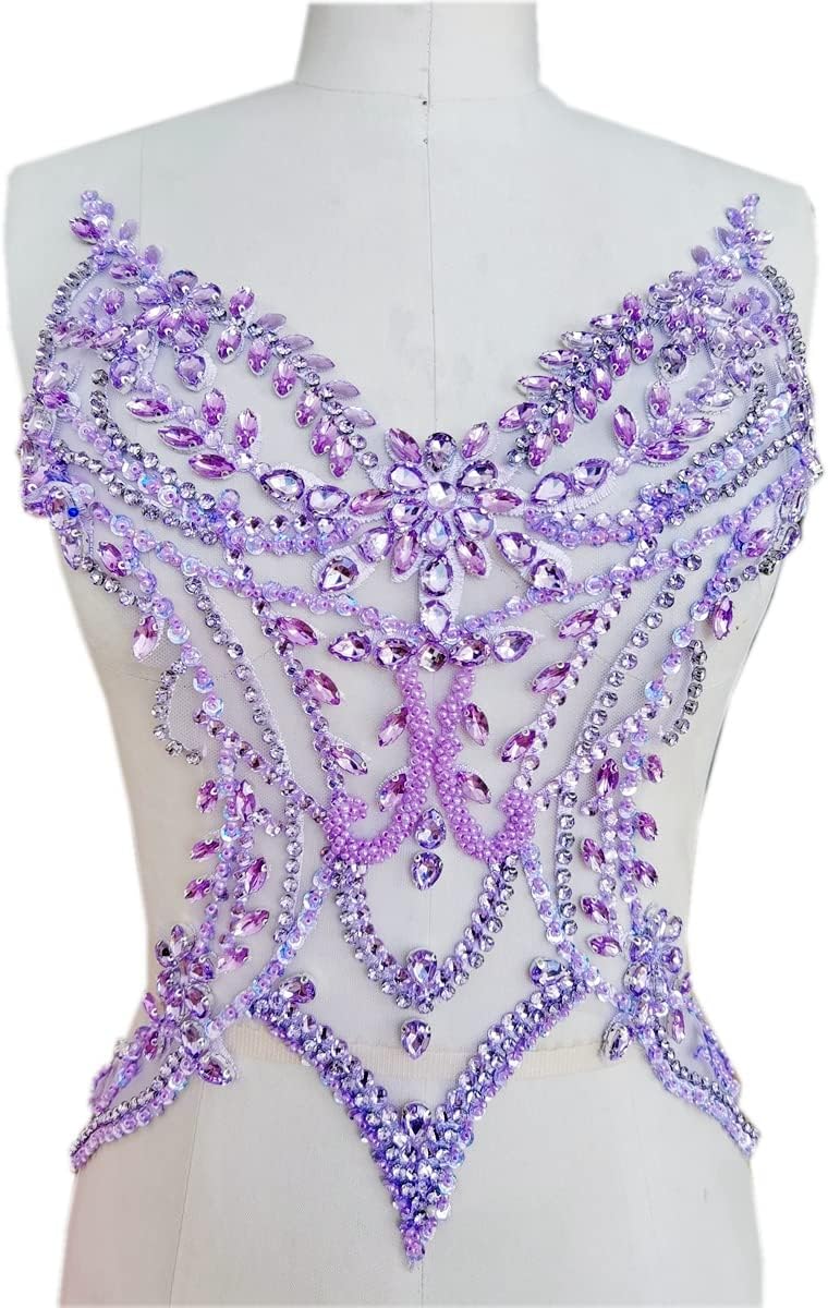 Handmade Rhinestones lace Applique sew on Beads Sequins Trim Patches Accessories for Girl Dress Clothing (Light Purple)