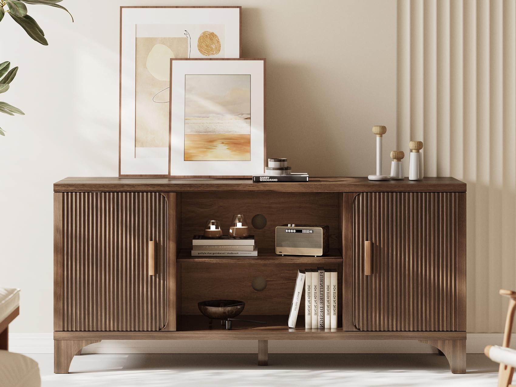 GOUUN Tall Mid Century Modern TV Stands for 55/60/65 Inch TV Boho Media Console for Living Room Fluted TV Entertainment Center with Storage Wood