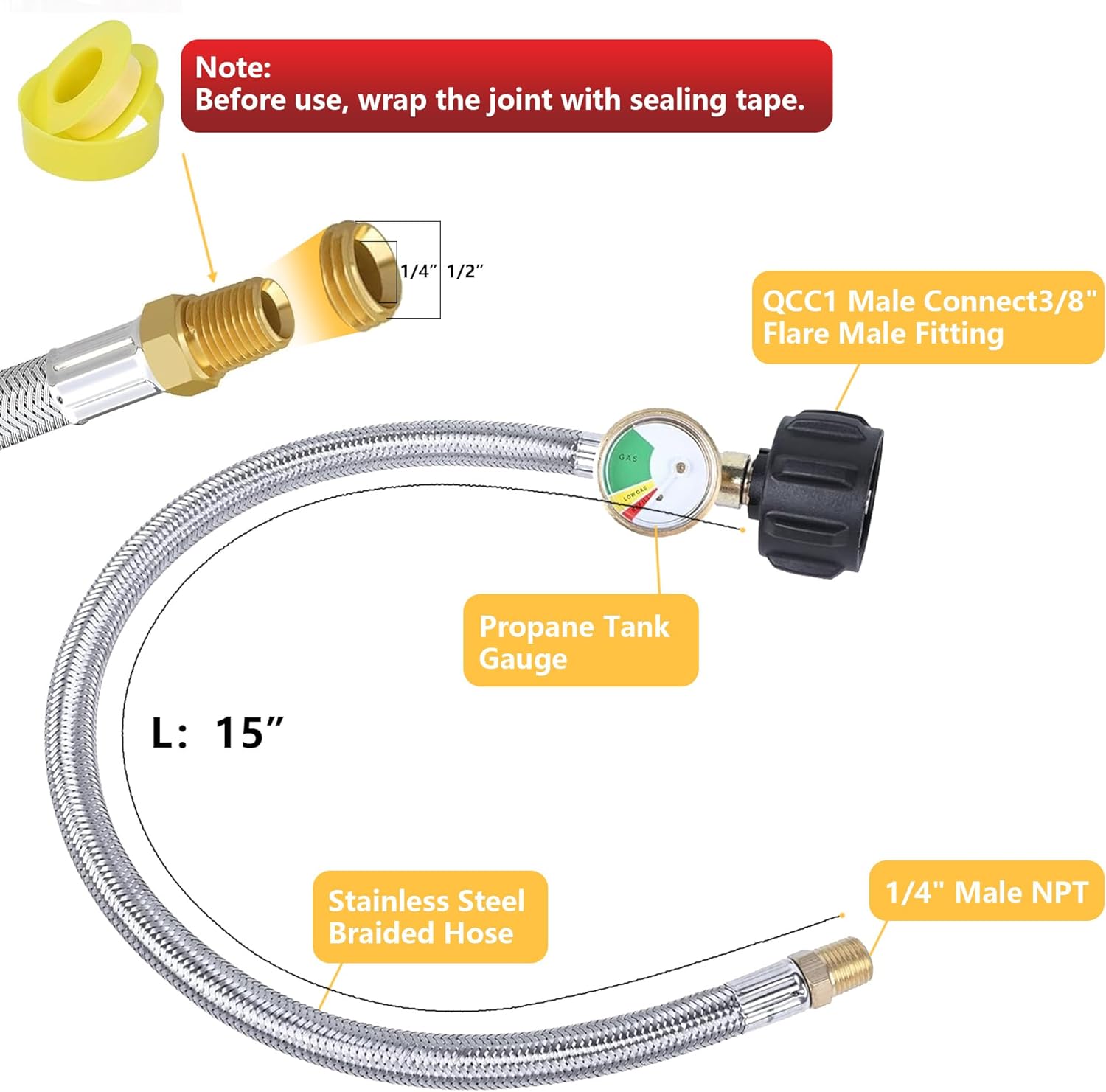15 Inch RV Propane Hose Replacement with Gauge, 2 Pack - Stainless Steel Braided Hose for RV Two-Stage Regulator - 1/4 Male NPT & QCC1 Inlet, 350PSI