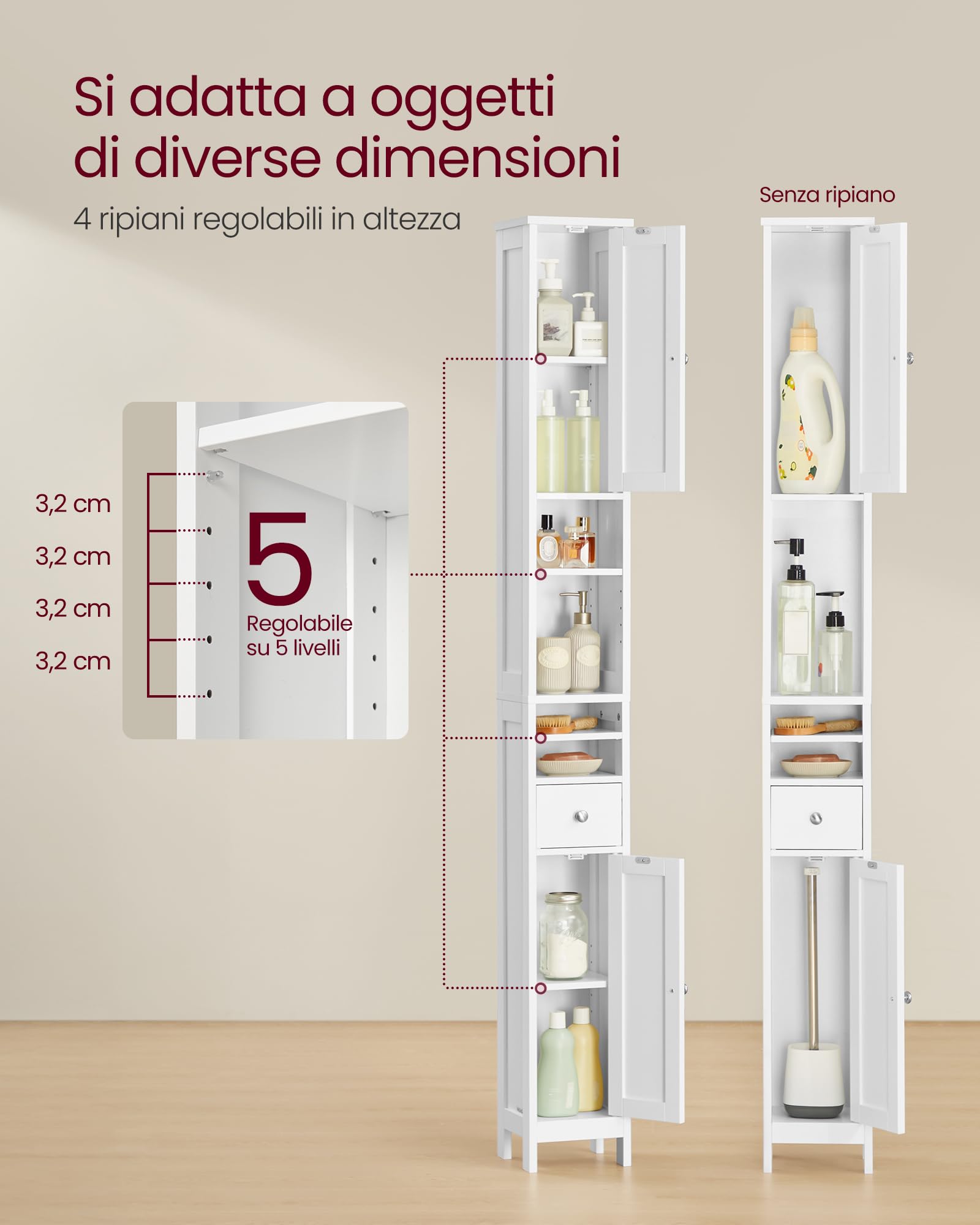VASAGLE Armadio da Bagno Alto, Mobiletto da Bagno Stretto, con Ripiani Regolabili, Cassetto, Scomparti Aperti, per Piccoli Spazi, Moderno, Bianco Nuvola BBC765W01
