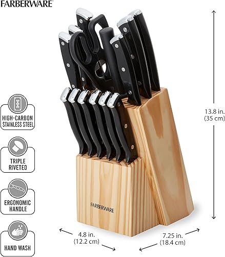 Miniatura 4 de Farberware Juego de bloque de cuchillos triple remachado, 15 piezas, pino negro, cuchillas de acero inoxidable de alto carbono, asas ergonómicas,