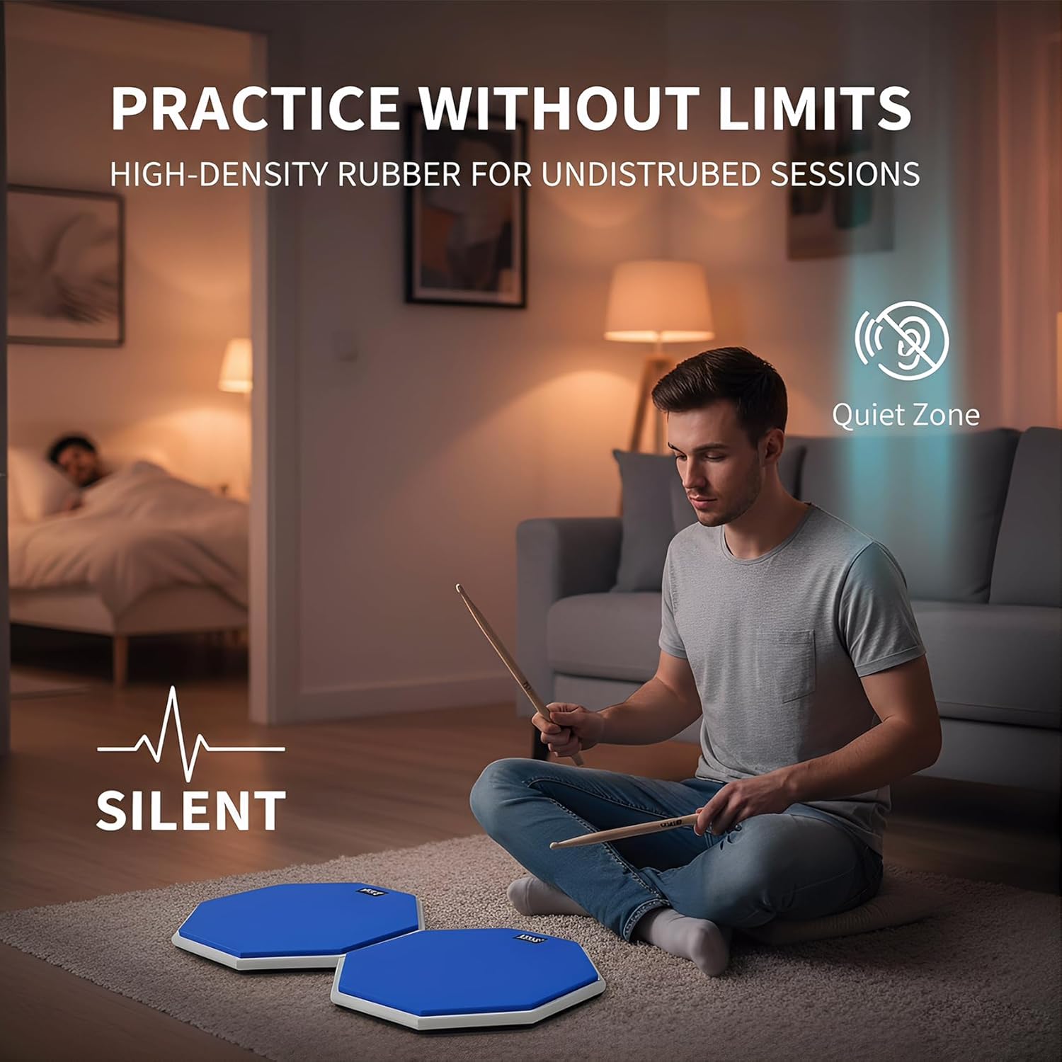 12 Inch + 8 Inch Double Sided Silent Drum Practice Pad Set, Professional Rubber Snare Drum Pad with 2 Pairs 5A Nylon Tip Drum Sticks, Portable Travel Drumming Accessories for Beginners & Adults (Blue)