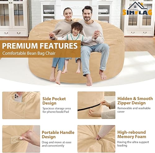 Miniatura 87 de Puf de 5 pies, puf grande con relleno de espuma viscoelástica, sofá puff esponjoso con funda de terciopelo holandés, puf redondo para sala de estar,