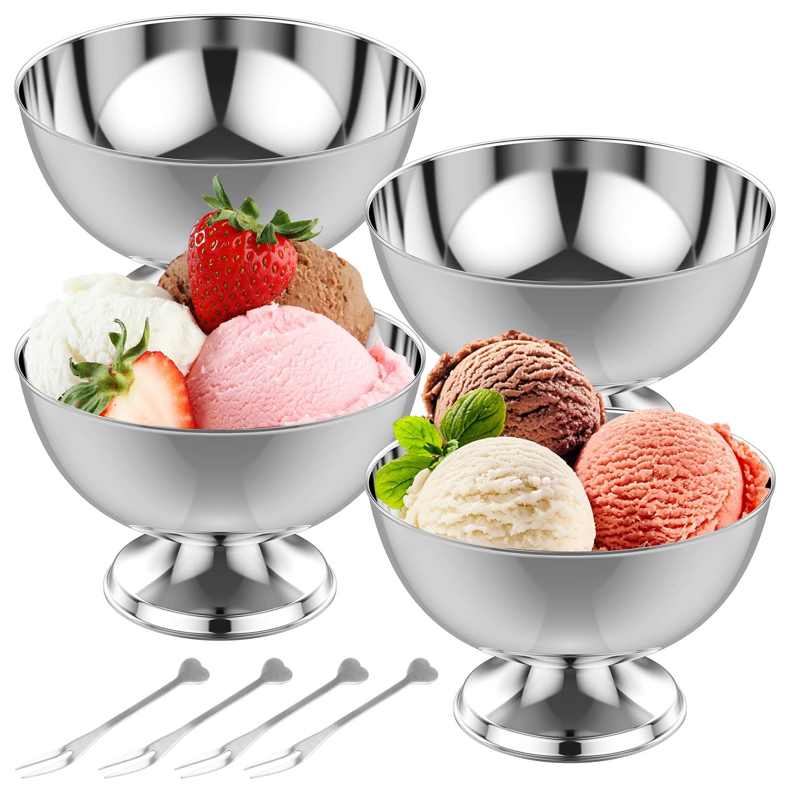 Ghshanog Set of 4 Ice Cream Bowl,Stainless Steel Sundae Cup,250ML Dessert Bowl,Reusable Dessert Cup Modern Pudding Bowls for DIY Sundae, Ice Cream, Pudding,Salad, Cocktail, Condiment