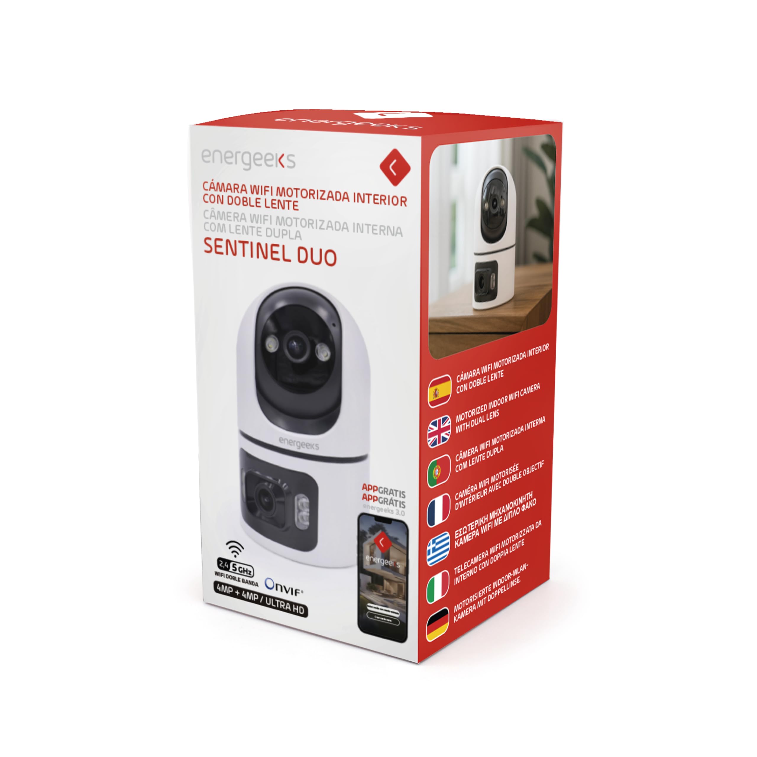 energeeks Sentinel Duo - Cámara Vigilancia WiFi Interior - 2,4/5GHz - Doble Lente 4MP+4MP - Motorizada 360º - Autotracking - Bluetooth - Detección Humanos y Sonido - Sirena y Luz LED - ONVIF