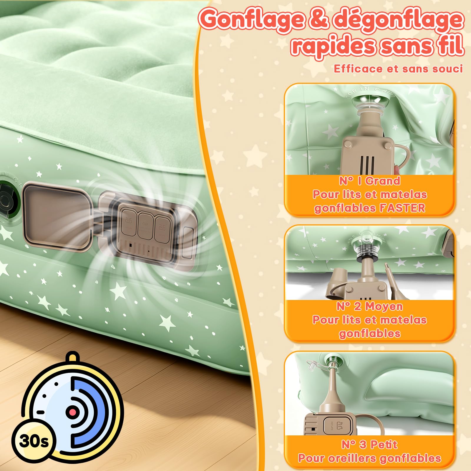 IEEILULU Matelas Gonflable Enfant, Lit Gonflable Enfant avec Rebord, Pompe Électrique, Oreiller, Lit de Voyage Floqué Gonflage Rapide pour Voyages Camping ou la Maison (Vert)