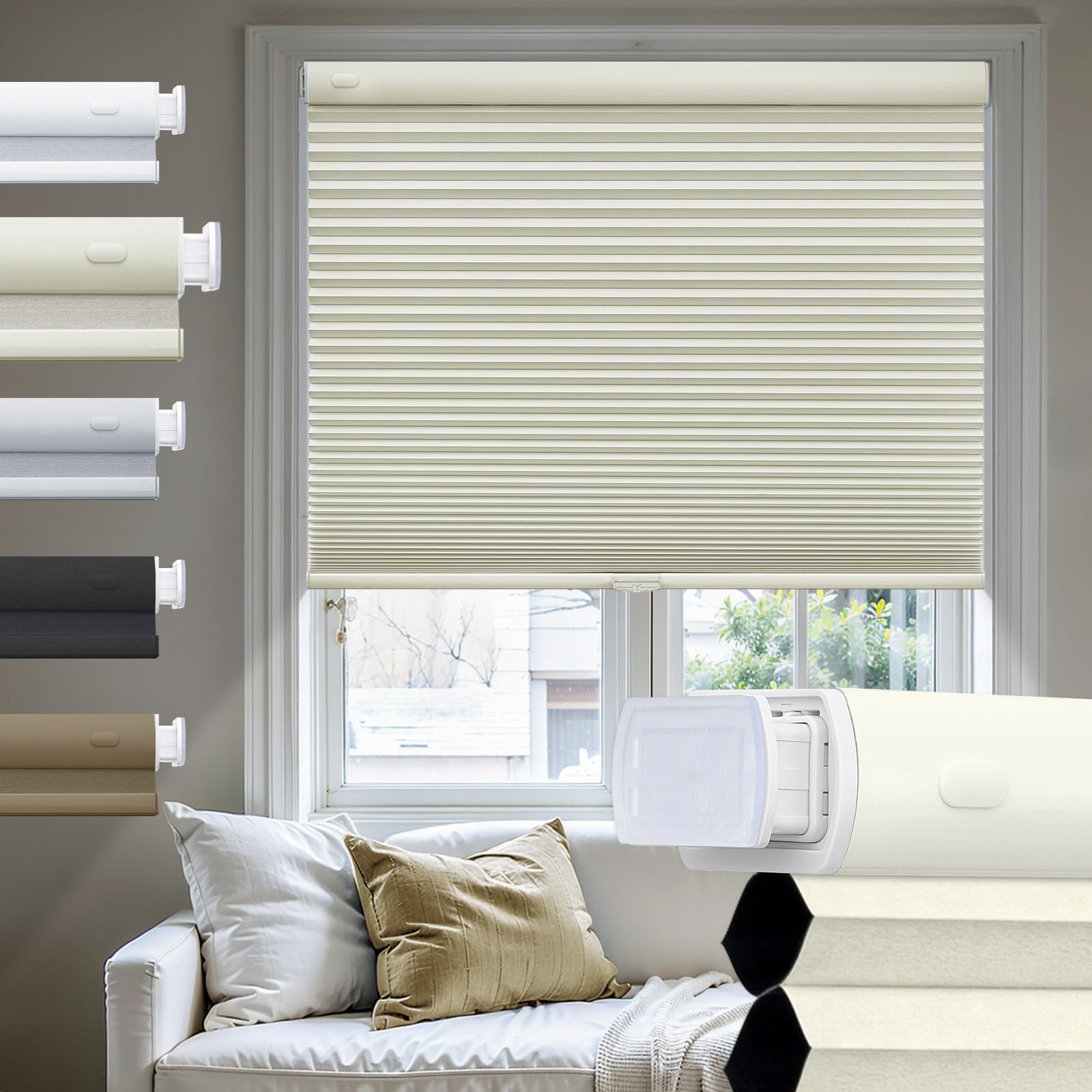 Moonice No Drill Cellular Pleated Blinds for Windows Cordless Cellular Blinds Blackout Color-Matched Thermal Insulated Shades 3.8cm Honeycomb Shade for Home (Beige, 165cm W x 185cm H)