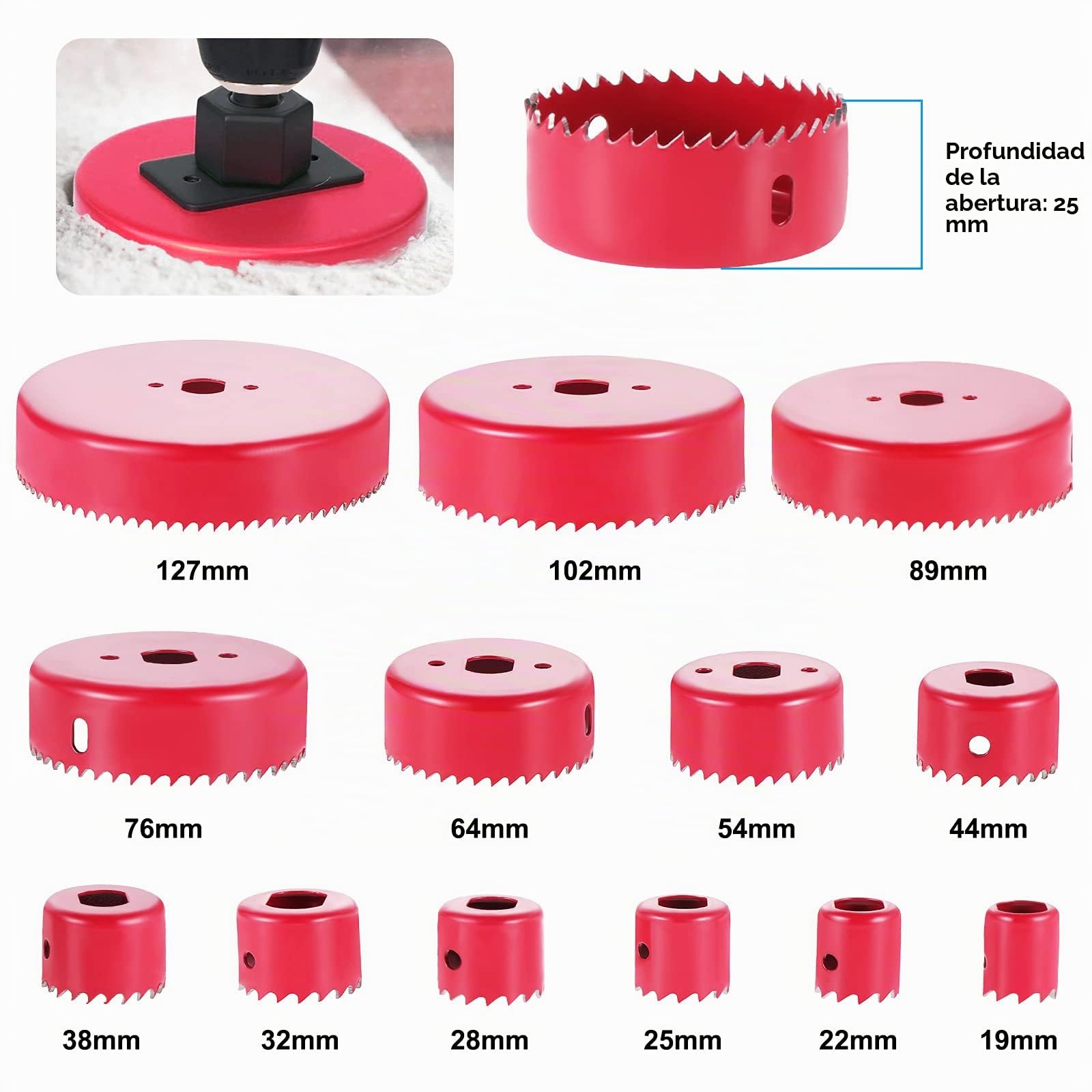 Juego de 20 sierras de corona, brocas de acero al carbono, juegos de sierras de perforación para madera, placas de yeso, plástico 19-127 mm (rojo)