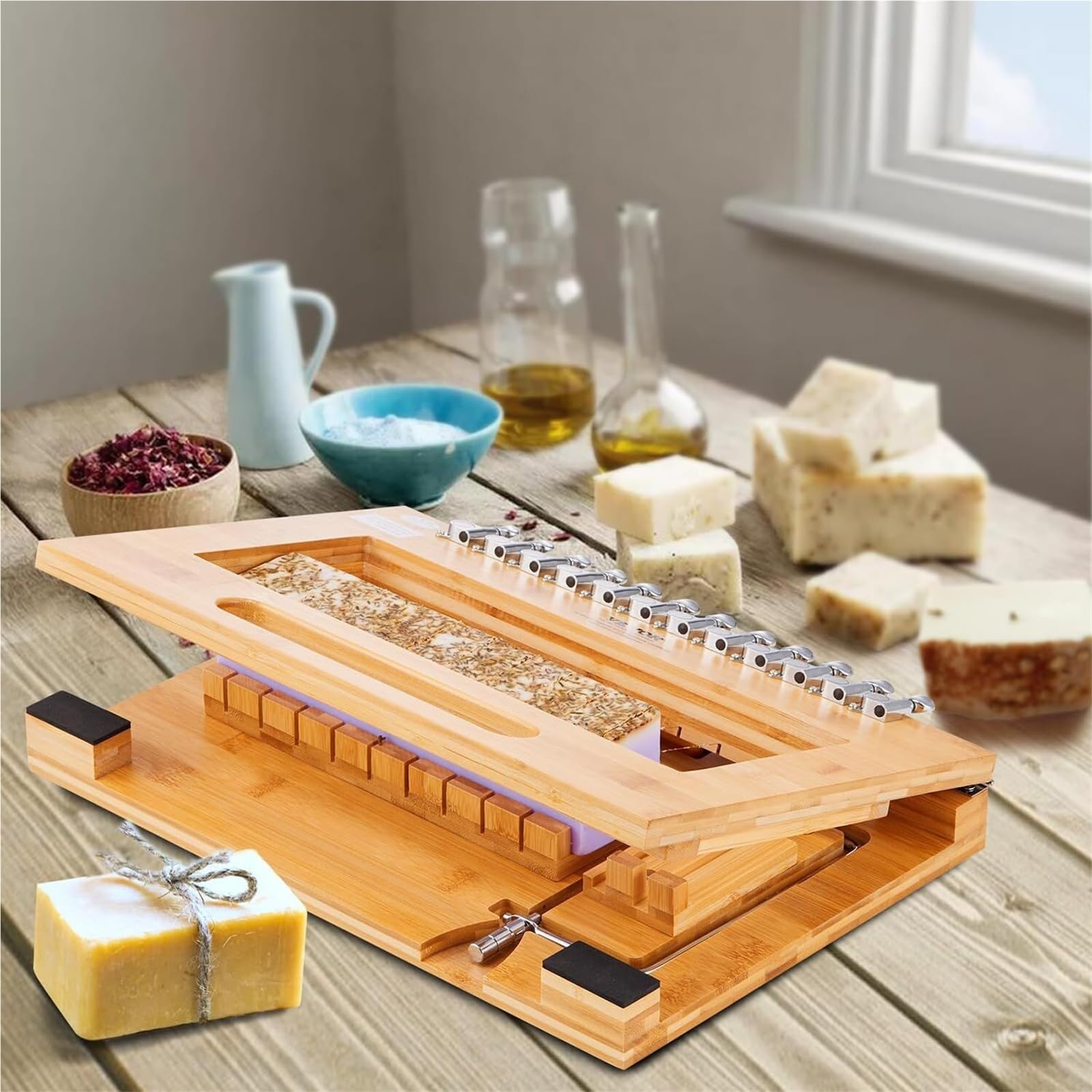Este Cortador de jabón con Alambre de Acero Inoxidable Corta hasta 12 Barras de 2,5 cm (1 Pulgada) de diámetro. Es una Herramienta de Corte Multiusos para jabón de Proceso en frío, fabricaci